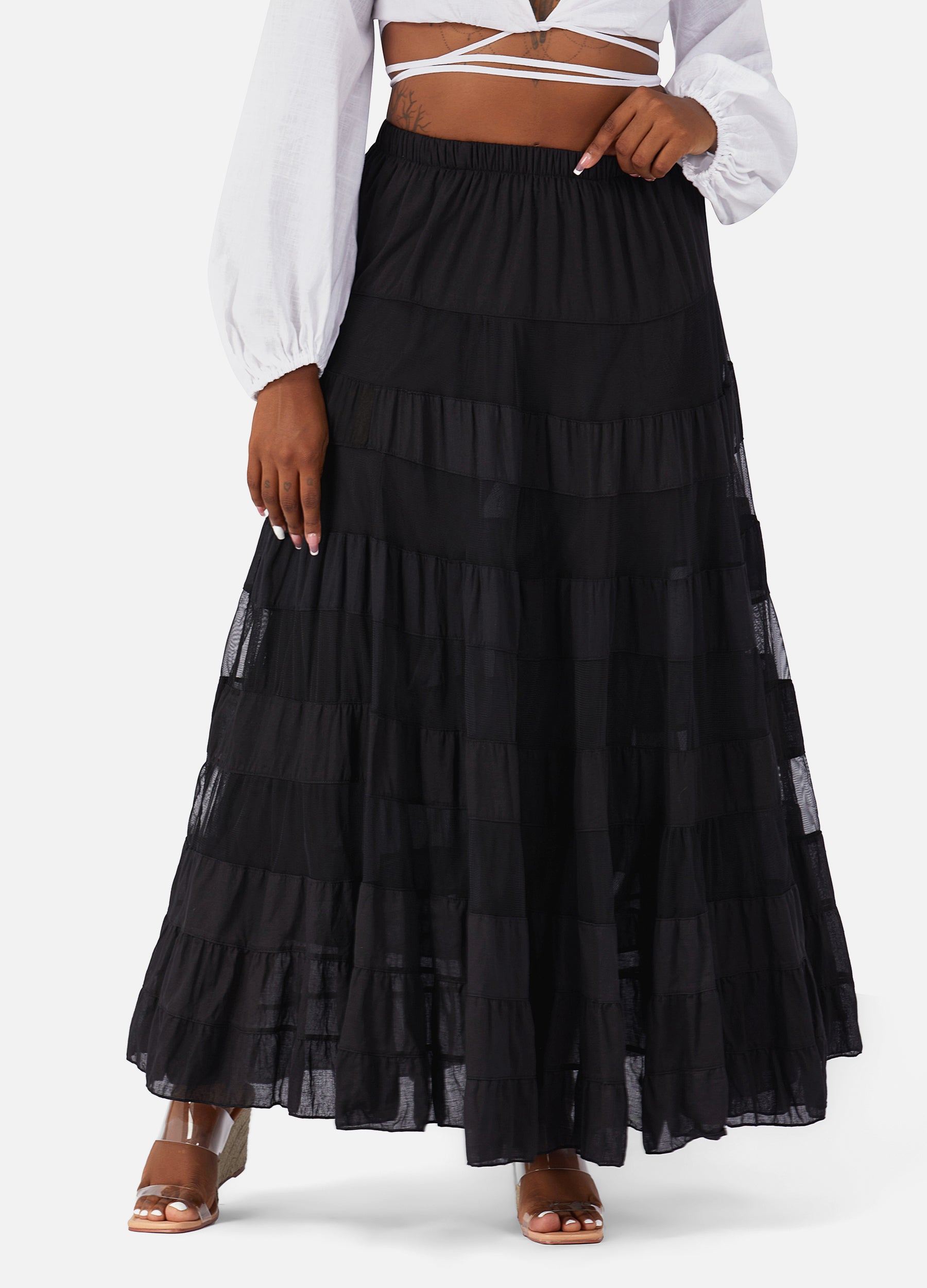 MECALA Women's Tiered Maxi Gypsy Skirt Bohemian Elastic Waist