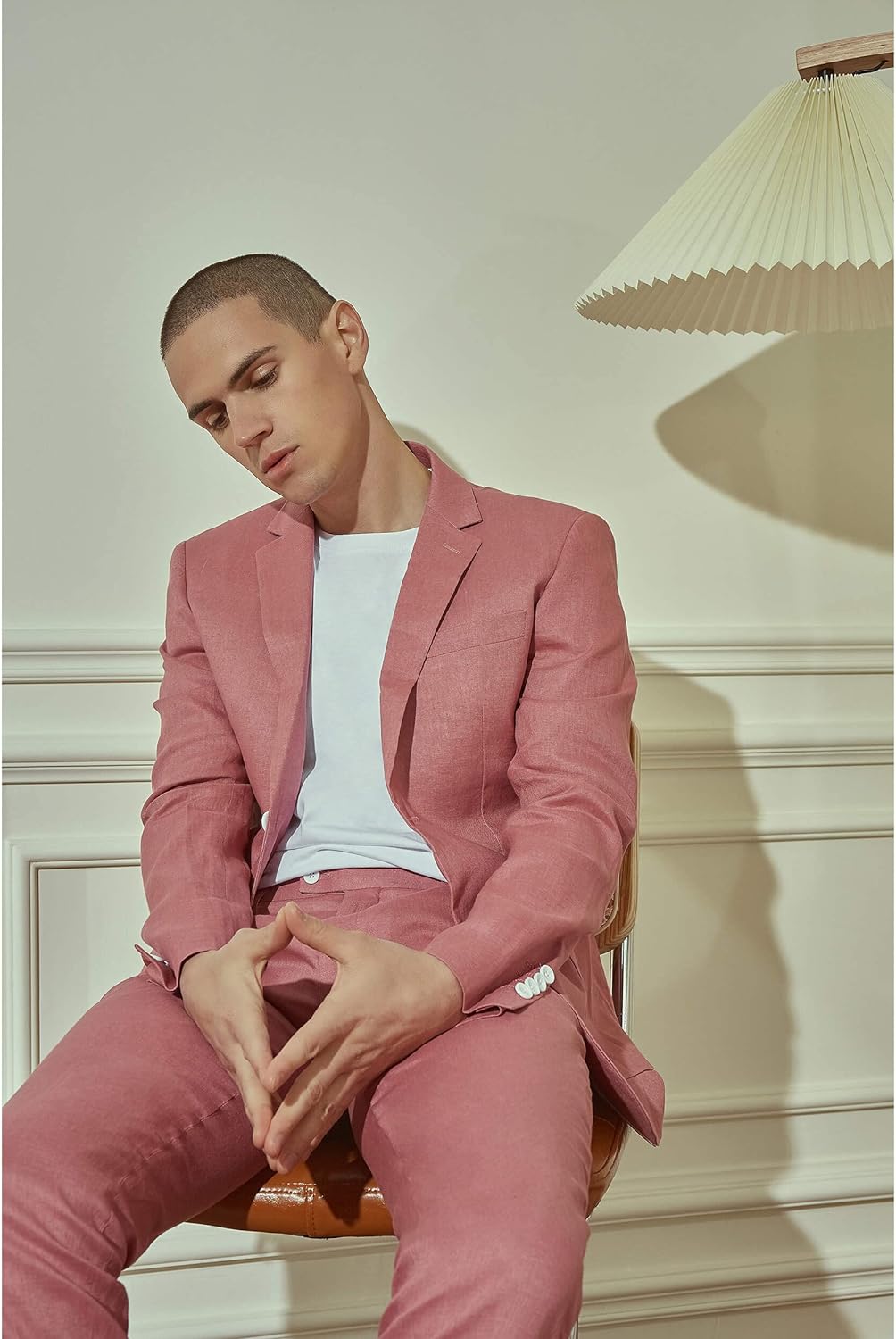 1PA1 Men's 100% Linen Slim Fit Two Buttons Jacket Trousers 2-Pieces Suit Set
