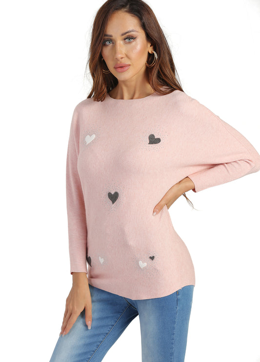 FINEPEEK Women's Fall Heart Applique Round Neck Pullover Sweater (Clearance)