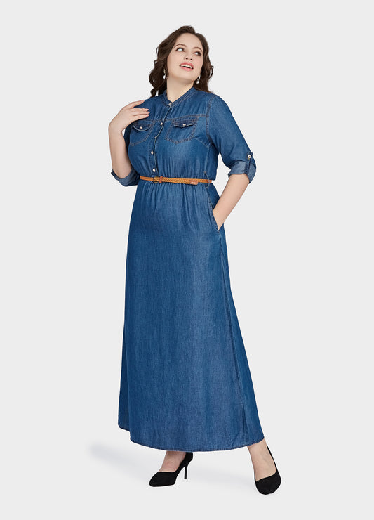 MECALA Women's Plus Size Belted Denim Shirt Dress