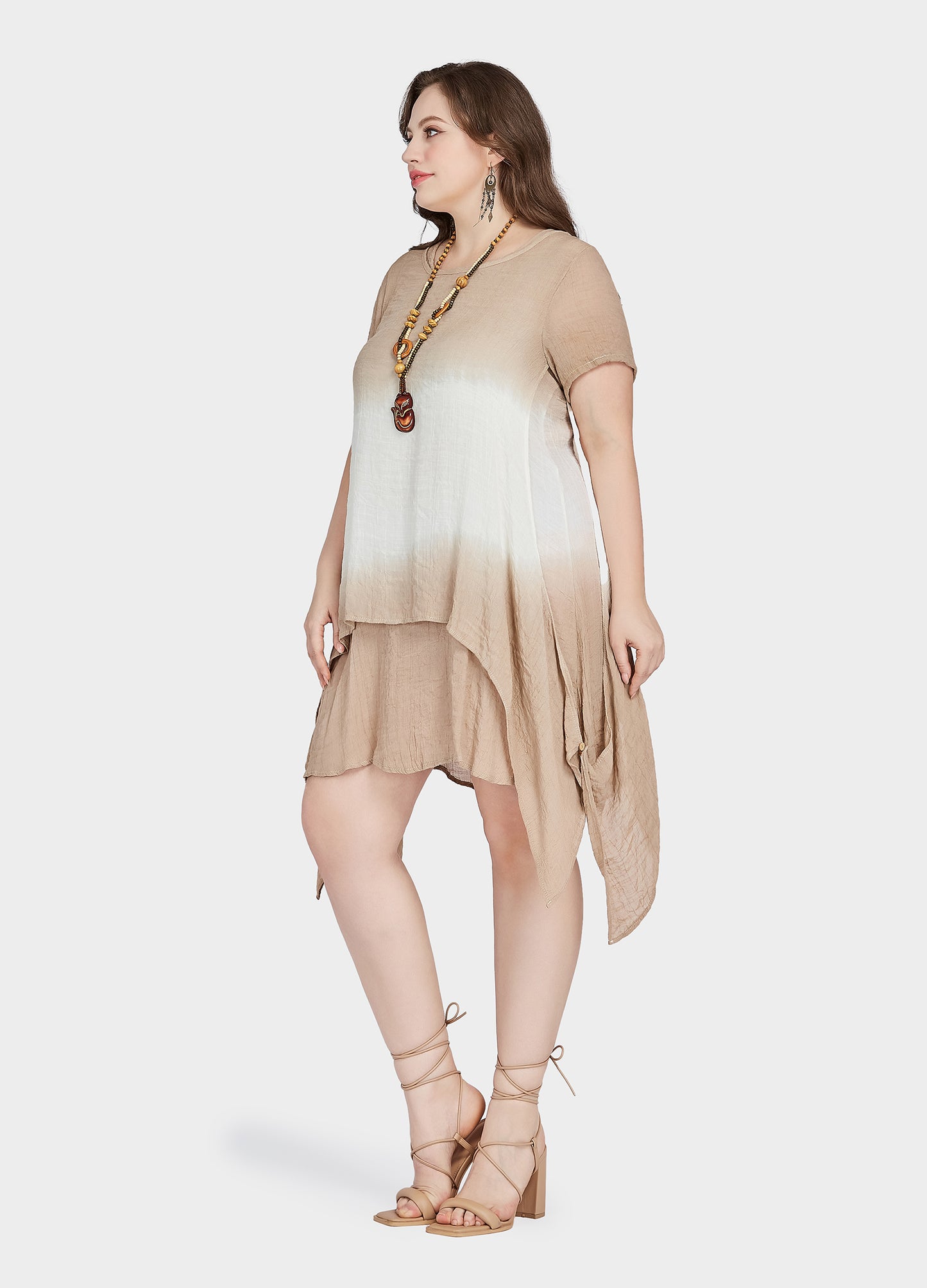 MECALA Women's Plus Size Dress Asymmetrical Hem with Wooden Fox Necklace(Clearance)