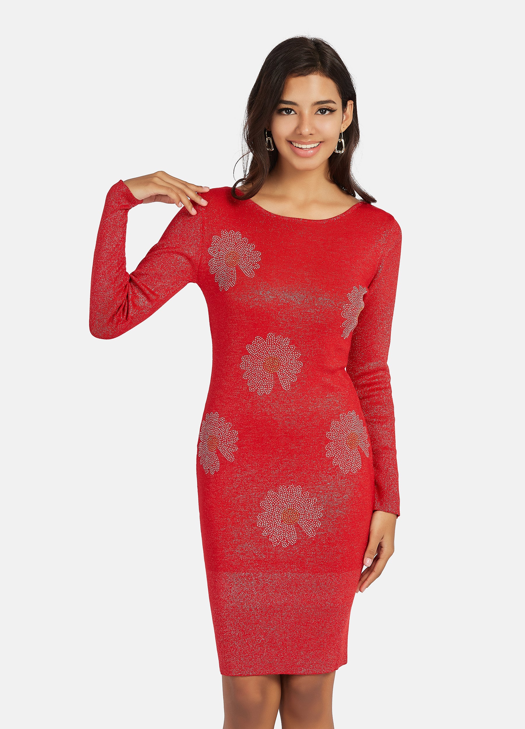 FINEPEEK Women's Fall Red Slim Fit Rib-Knit Sweater Dress  (Clearance)