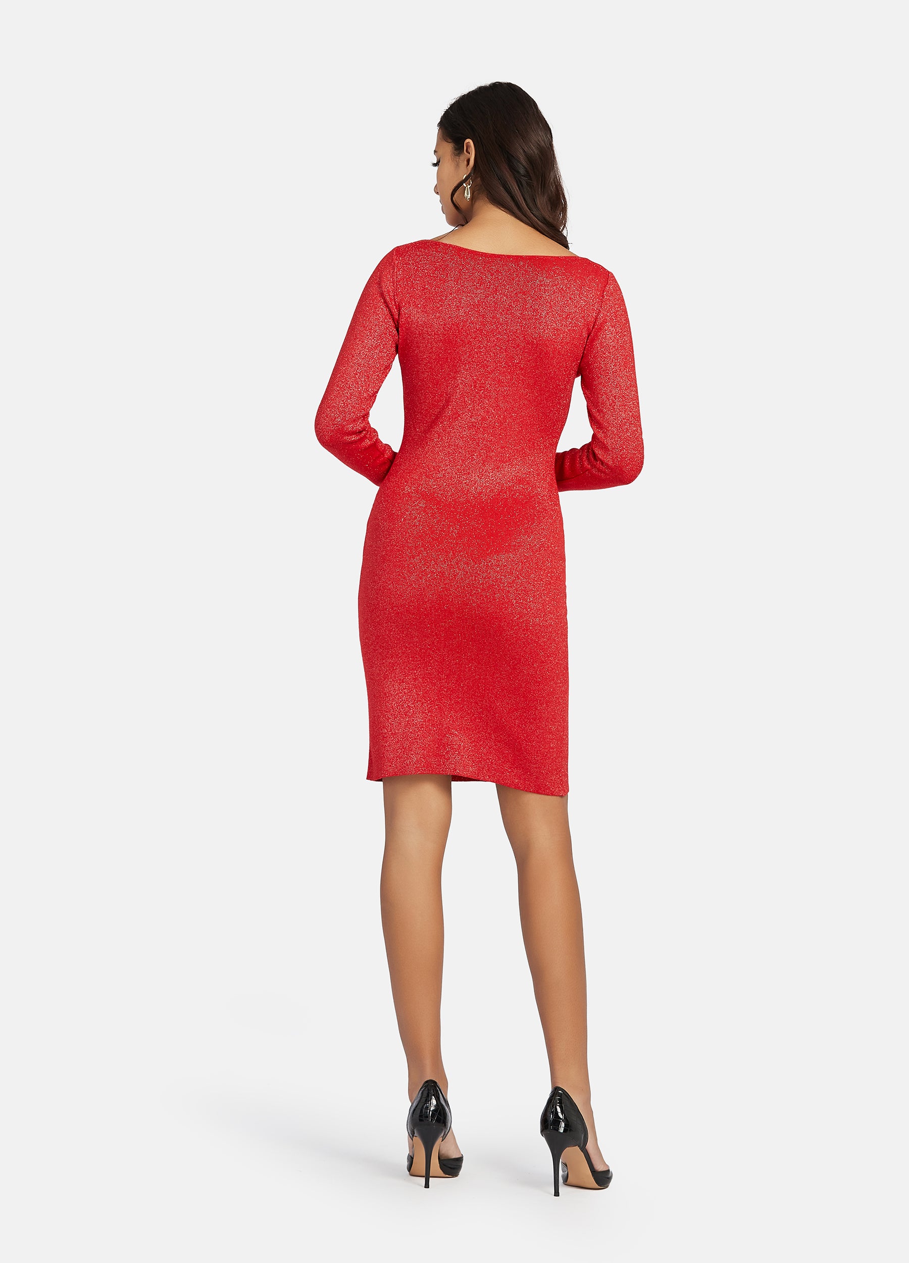 FINEPEEK Women's Fall Red Slim Fit Rib-Knit Sweater Dress  (Clearance)