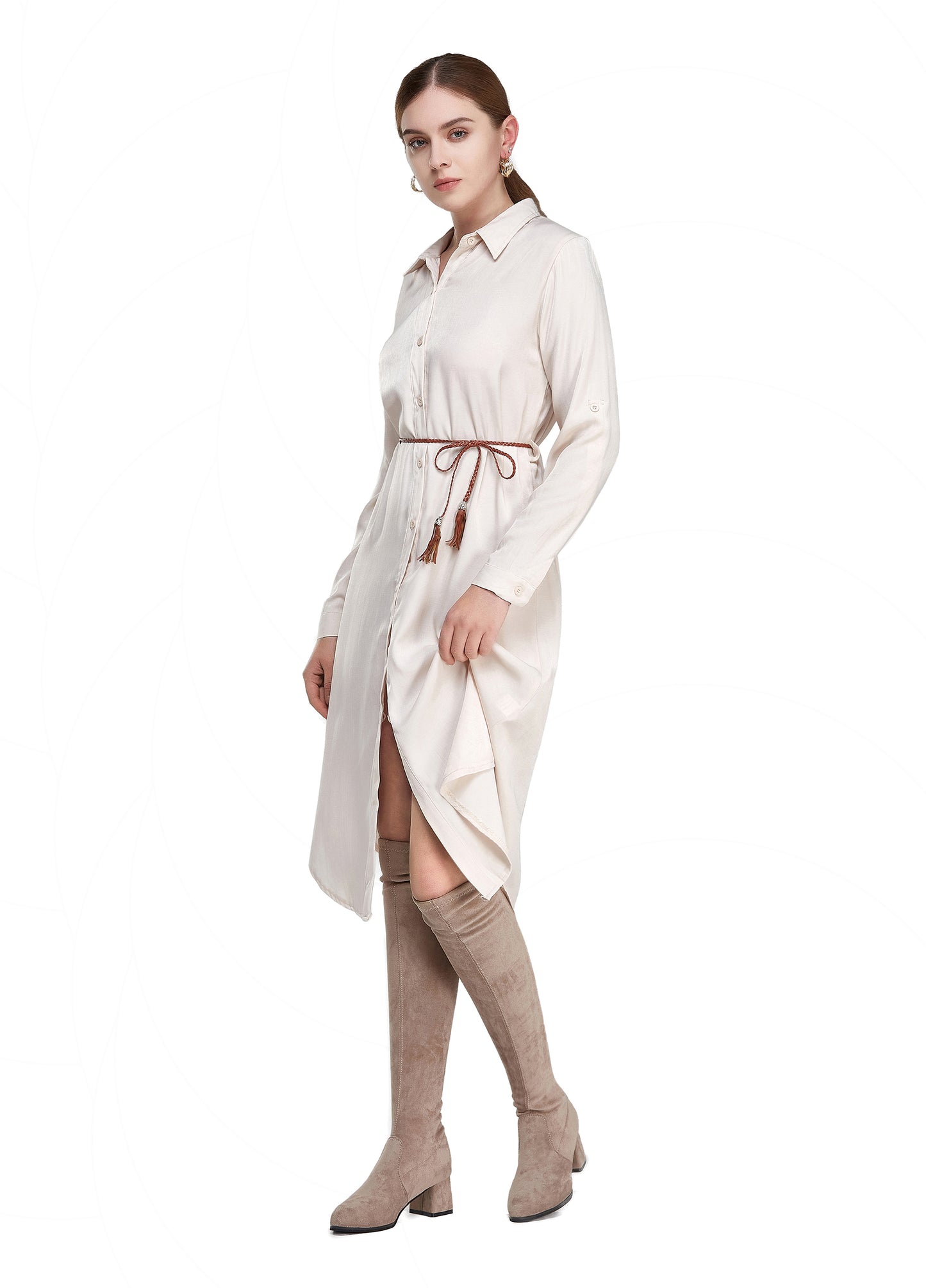 MECALA Women's Fall Long Sleeve Button Front Belted Midi Shirt Dress