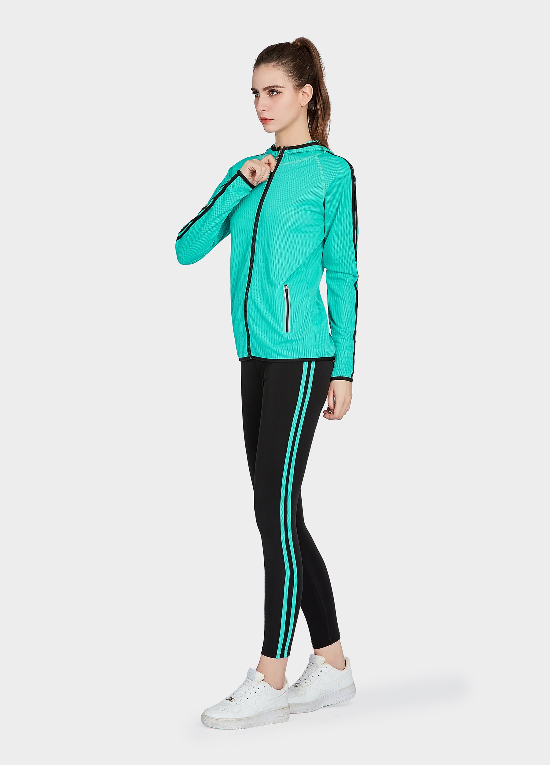 4POSE Women's Fall Zip Hooded Dual Pockets Jacket And Sidestripe Leggings Sport Set