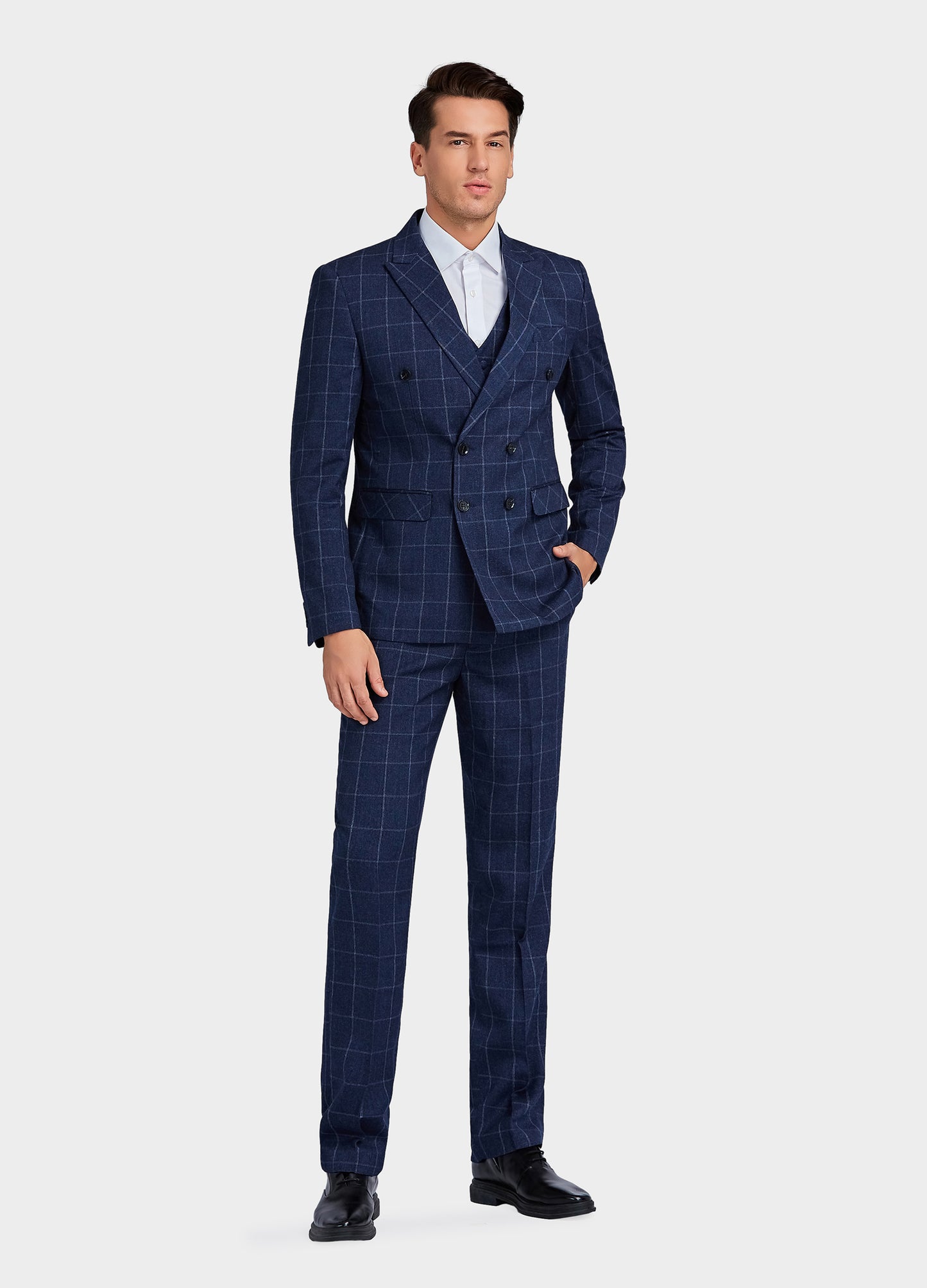 1PA1 Men's 3 Pieces Slim Fit Plaid Vested Suit, Wedding Tuxedo - Two Button Jacket, Vest & Pants