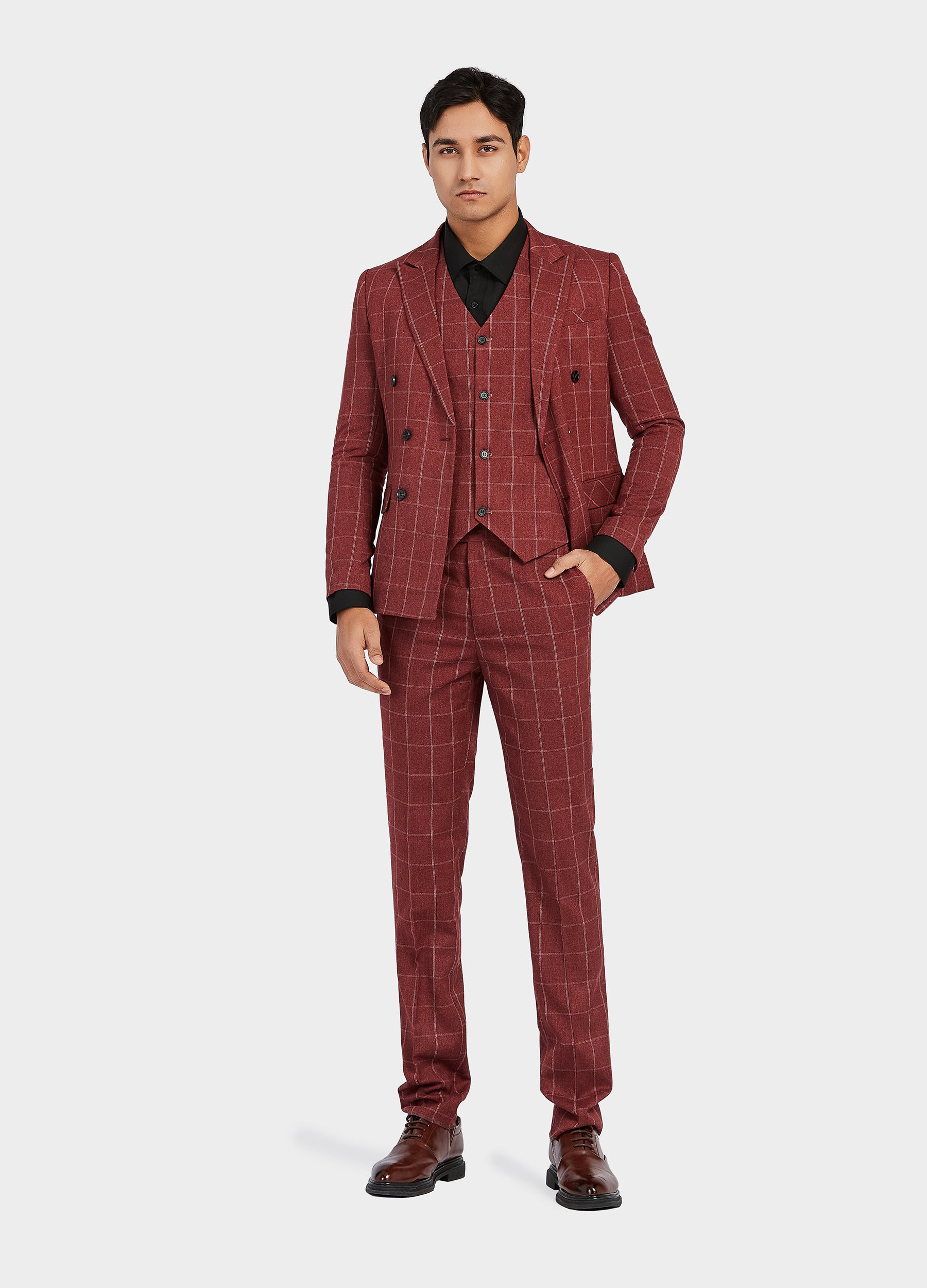 1PA1 Men's 3 Pieces Slim Fit Plaid Vested Suit, Wedding Tuxedo - Two Button Jacket, Vest & Pants