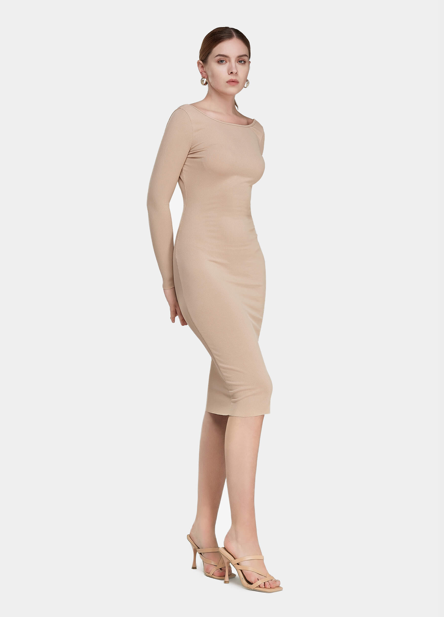 Women's Open Back Bodycon Midi Wheat Dress