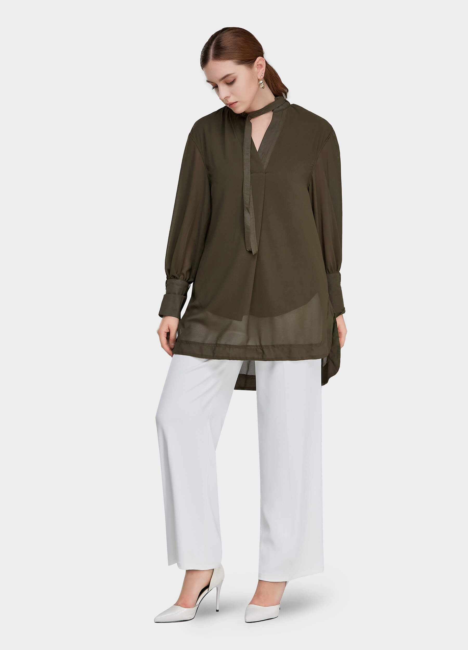 Women's Solid Tie-Neck High Low Hem Tunic-Olive main view