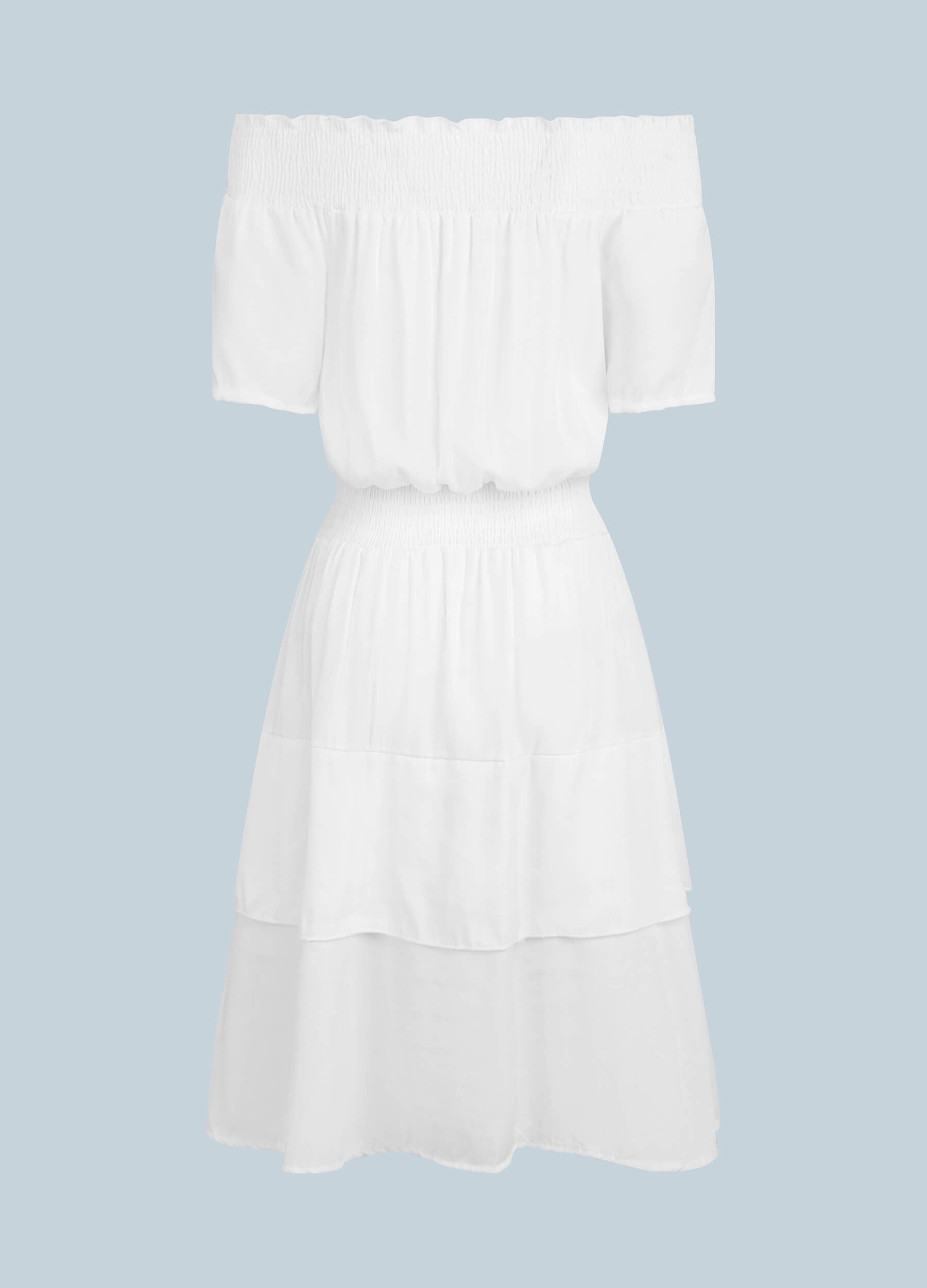 Women's Summer Off Shoulder Ruffle Trims Layered Hem Solid Dress-White back view
