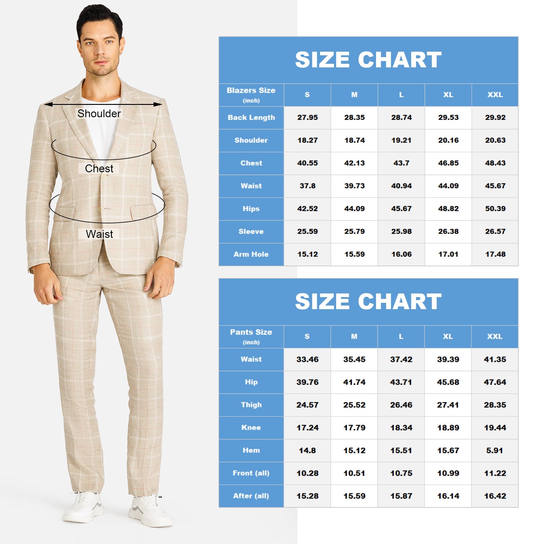 1PA1 Men's 100% Linen Suits Two-Button Plaid Blazer Suits