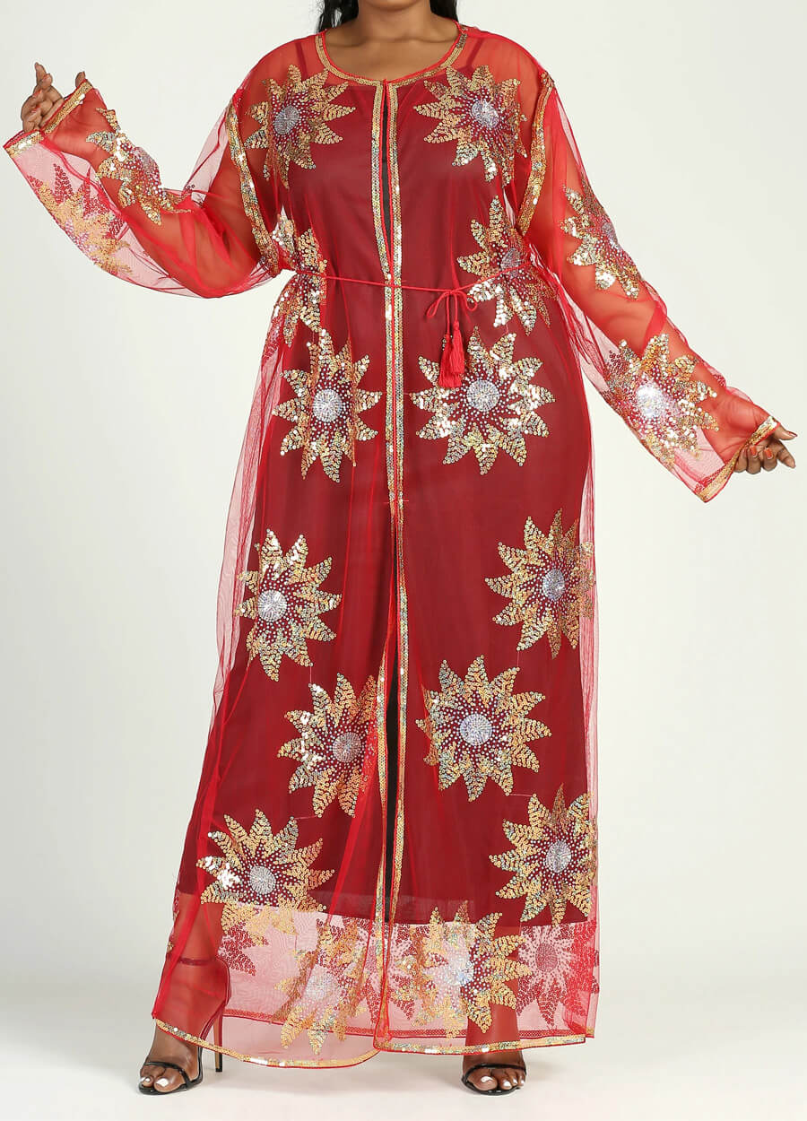 MECALA Women's Floral Sequin Maxi Mesh Kimono Cardigan Plus Size Red Sheer Cardigan Kftan with Drawstring