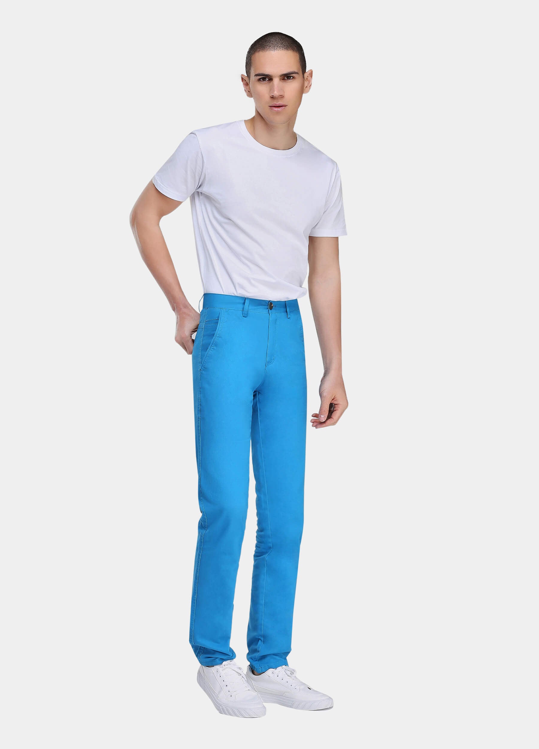 1PA1 Men's Fall Straight Leg Zip Fly Button Closure Slant Pocket Casual Trousers-Blue side view