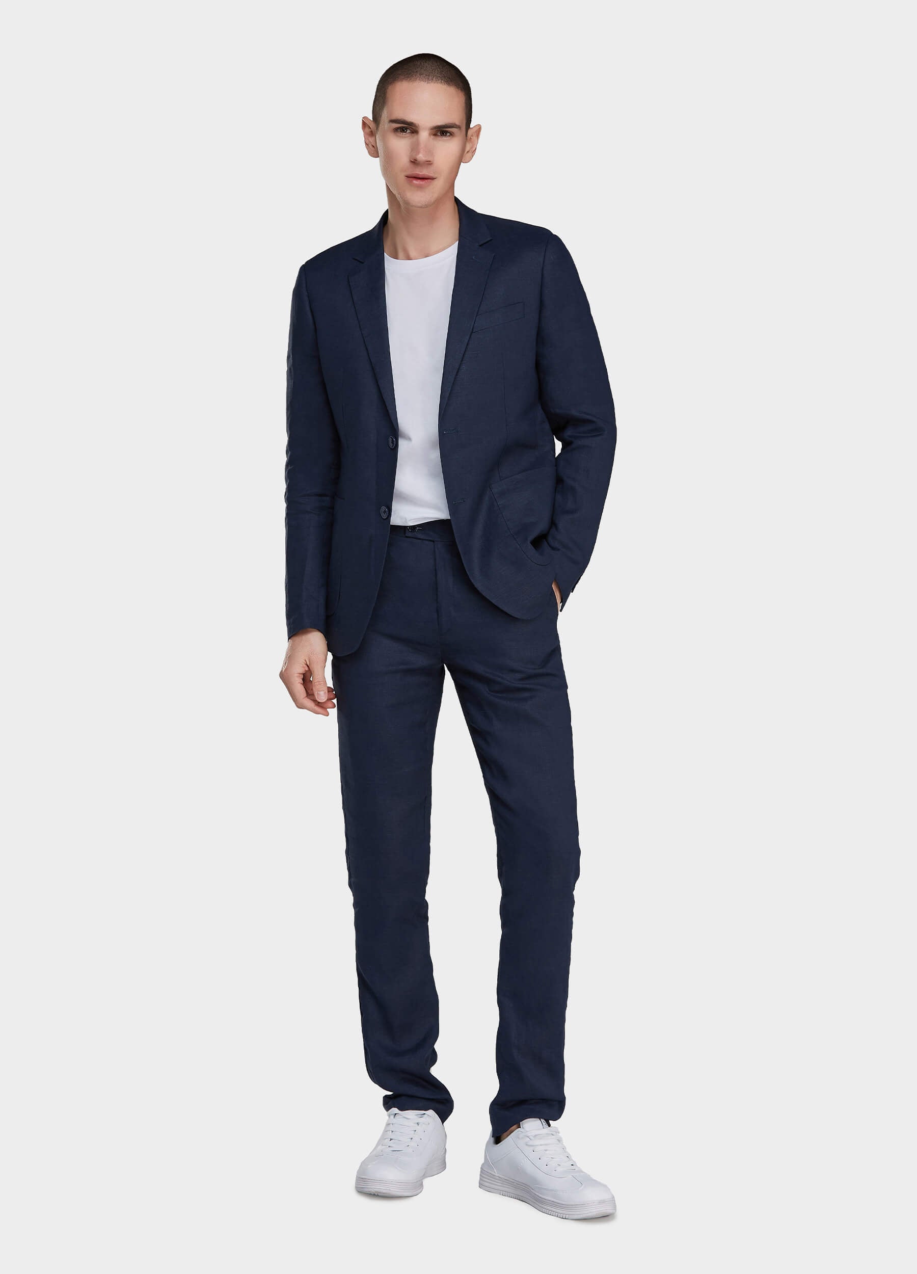 Dark blue linen suit for men