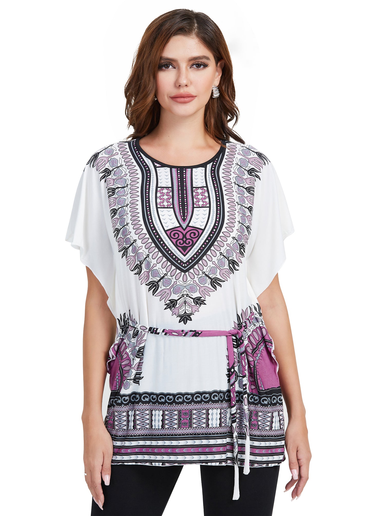 Women Round Neck Batwing Sleeve Tribal Print Belted Blouse-Purple