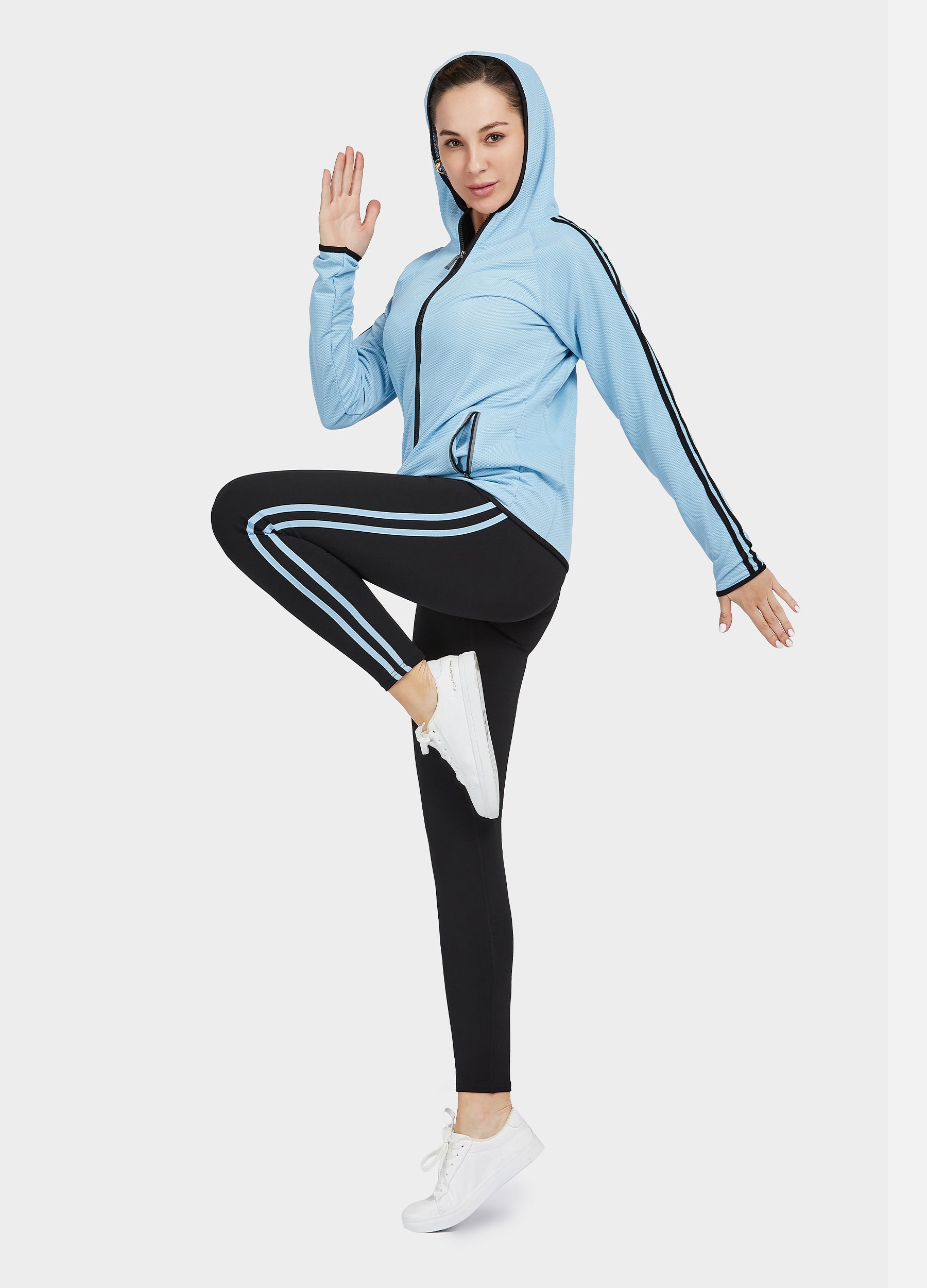 4POSE Women's Fall Zip Hooded Dual Pockets Jacket And Sidestripe Leggings Sport Set