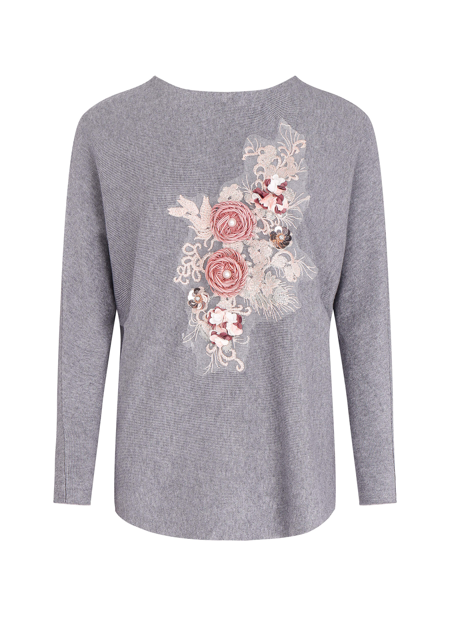 FINEPEEK Women's Fall 3D Floral Adorn Round Neck Long Sleeve Sweater-Grey
