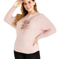 FINEPEEK Women's Fall 3D Floral Adorn Round Neck Long Sleeve Sweater-Pink
