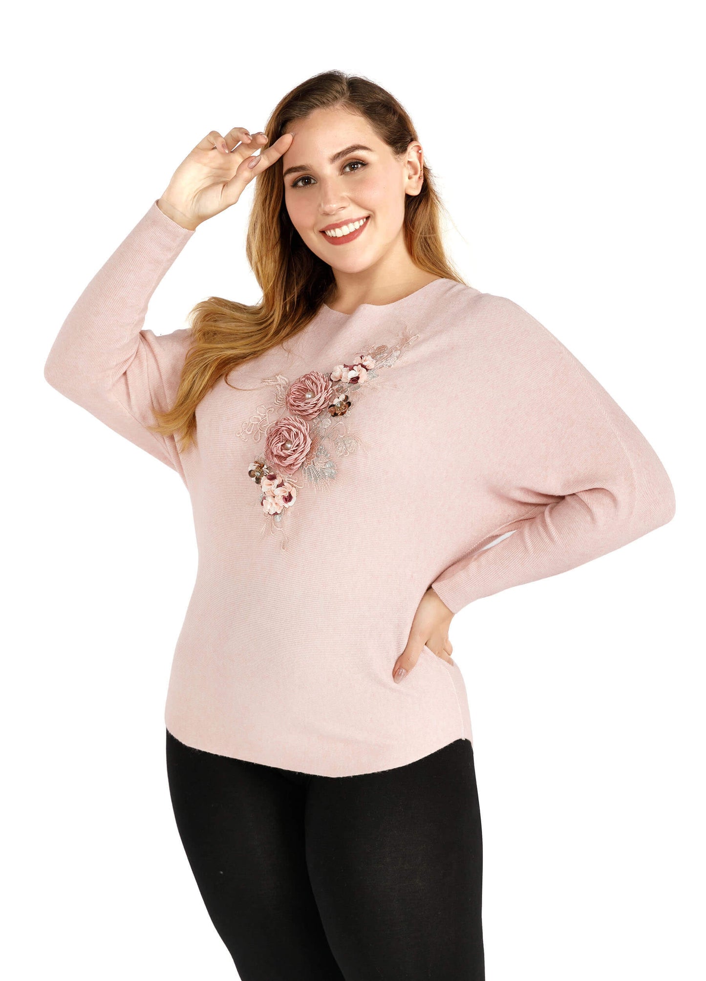 FINEPEEK Women's Fall 3D Floral Adorn Round Neck Long Sleeve Sweater-Pink