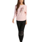 FINEPEEK Women's Fall 3D Floral Adorn Round Neck Long Sleeve Sweater-Pink