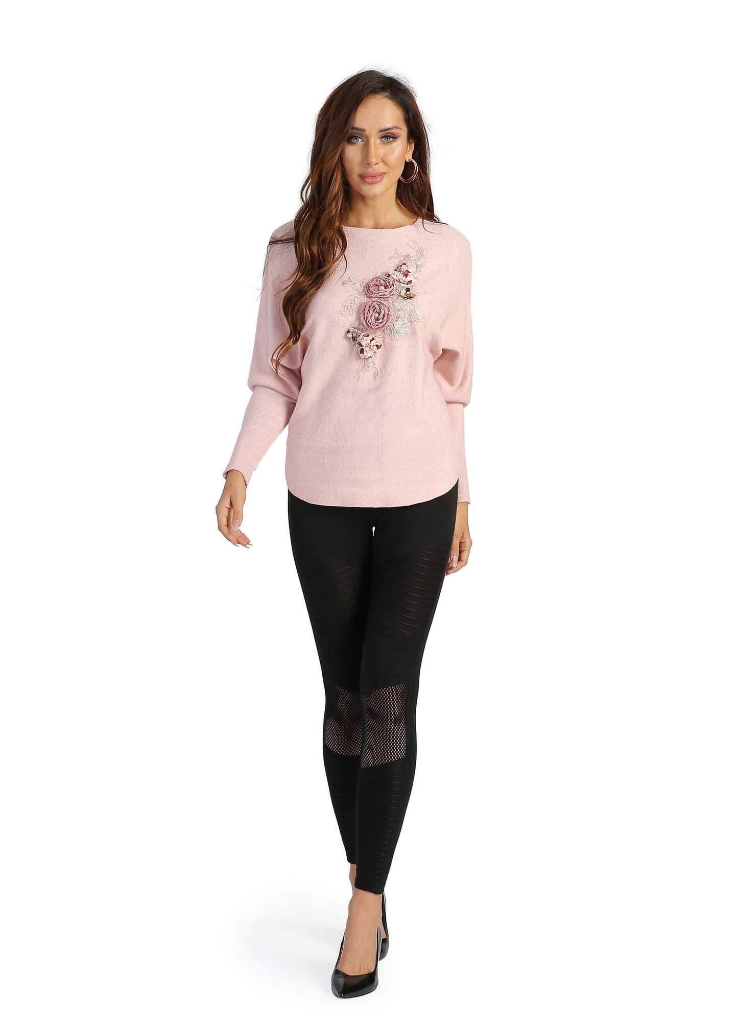 FINEPEEK Women's Fall 3D Floral Adorn Round Neck Long Sleeve Sweater-Pink