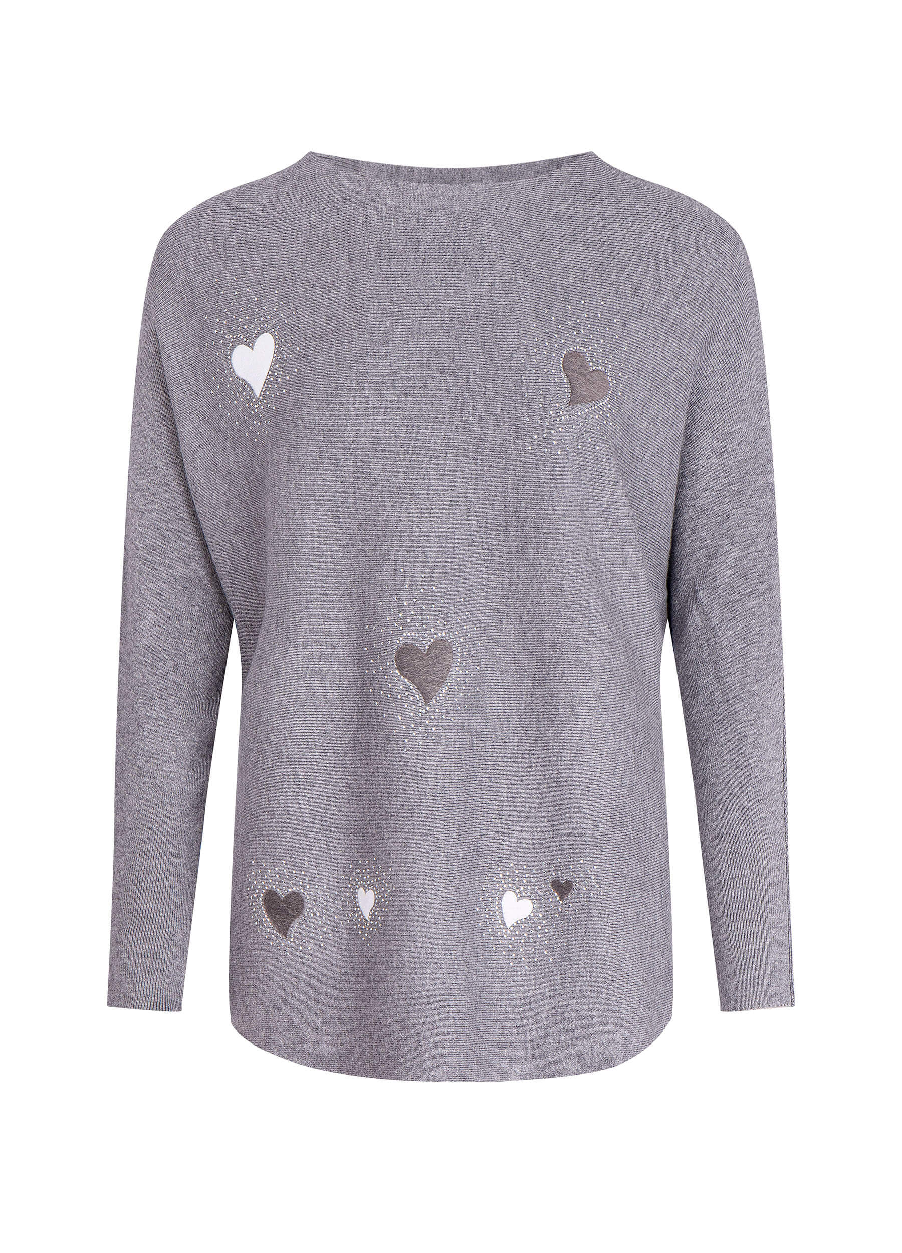 FINEPEEK Women's Fall Heart Applique Round Neck Long Sleeve Pullover Sweater-Grey