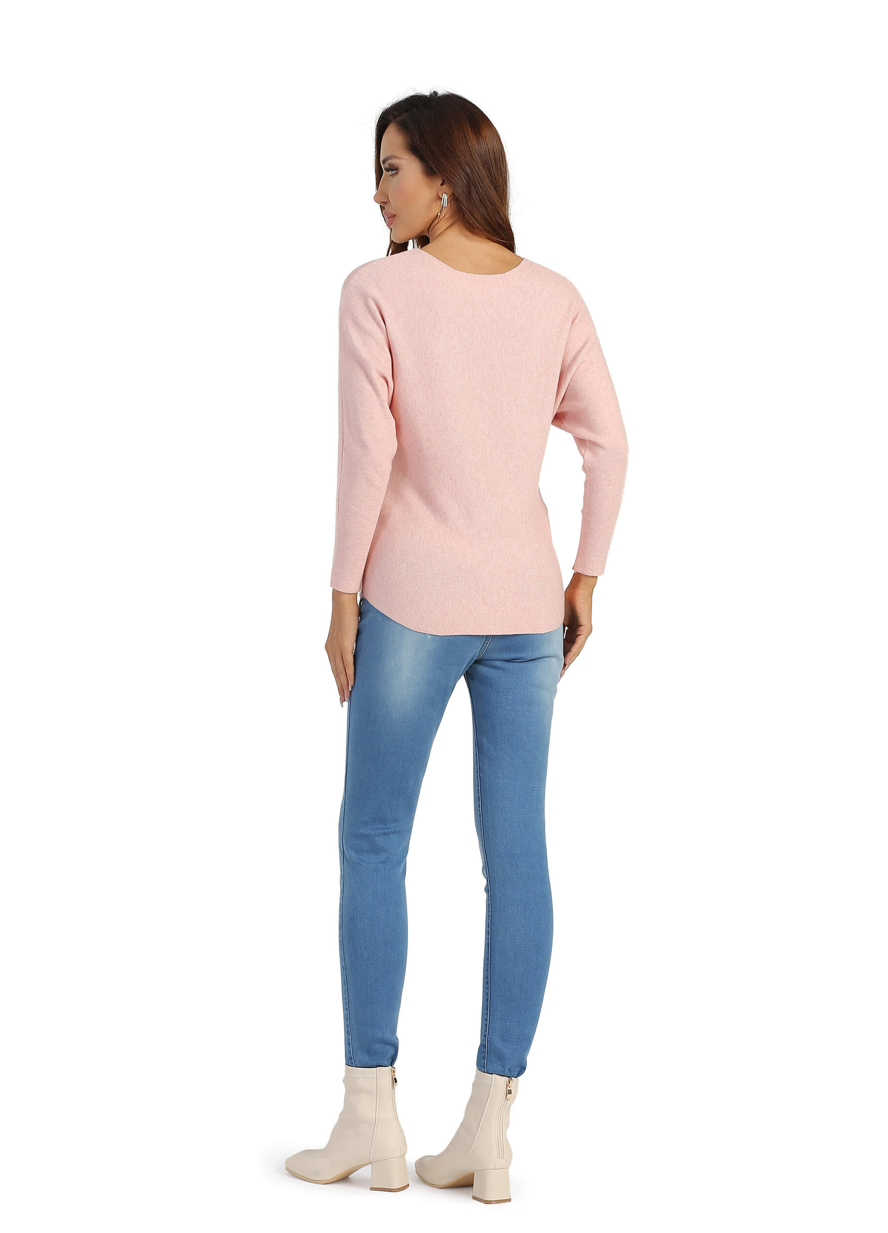 FINEPEEK Women's Fall Heart Applique Round Neck Long Sleeve Pullover Sweater-Pink