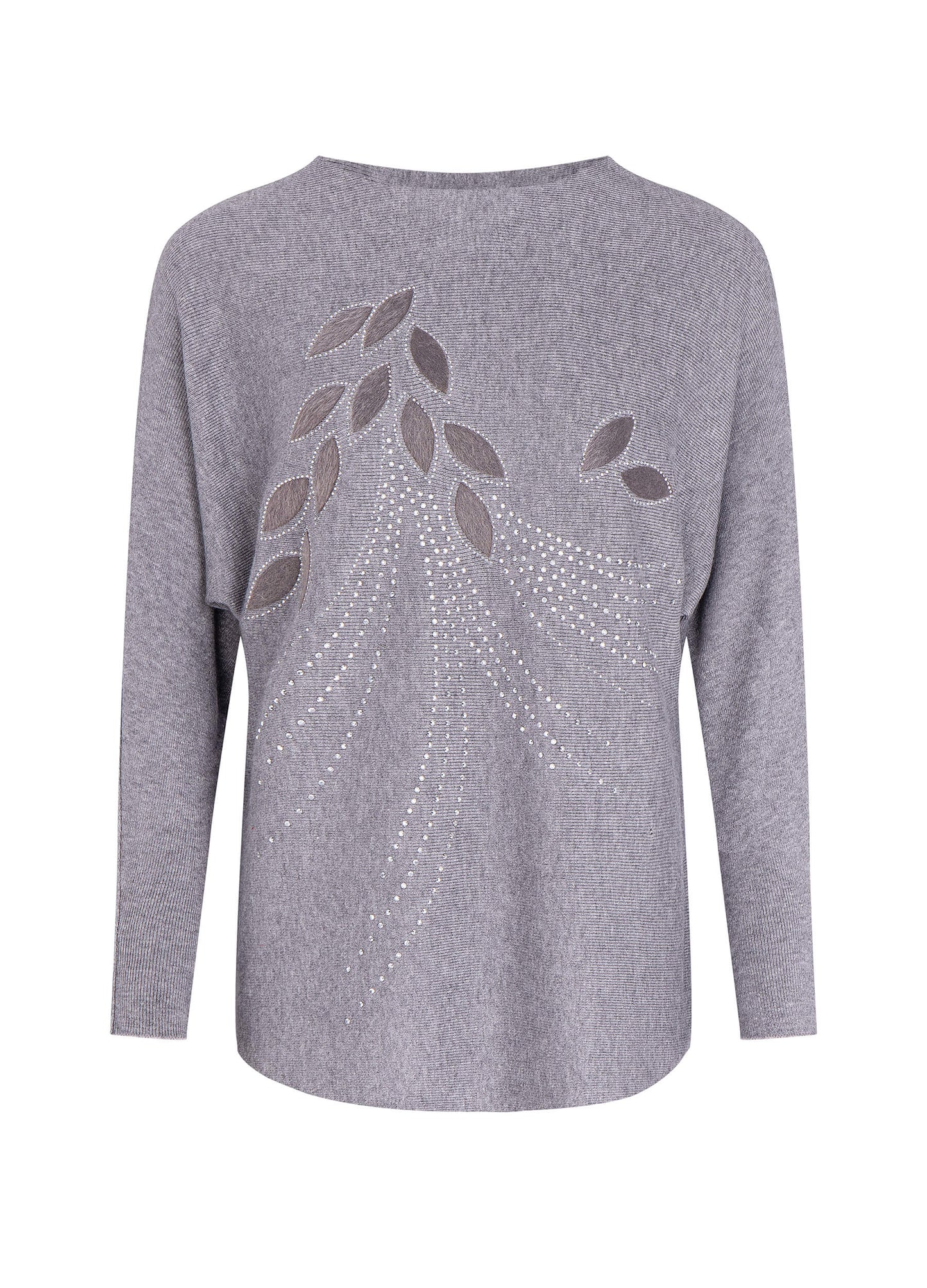 FINEPEEK Women's Fall Leaf Applique Round Neck Long Sleeve Pullover Sweater-Grey