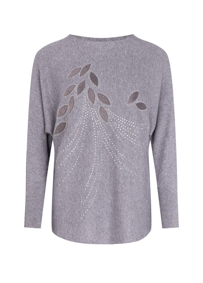 FINEPEEK Women's Fall Leaf Applique Round Neck Long Sleeve Pullover Sweater-Grey