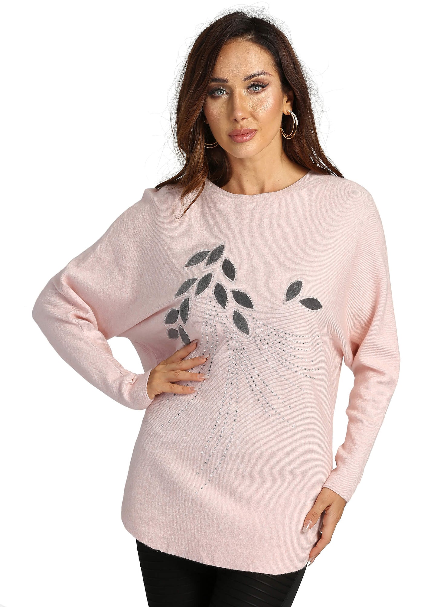 FINEPEEK Women's Fall Leaf Applique Round Neck Long Sleeve Pullover Sweater-Pink