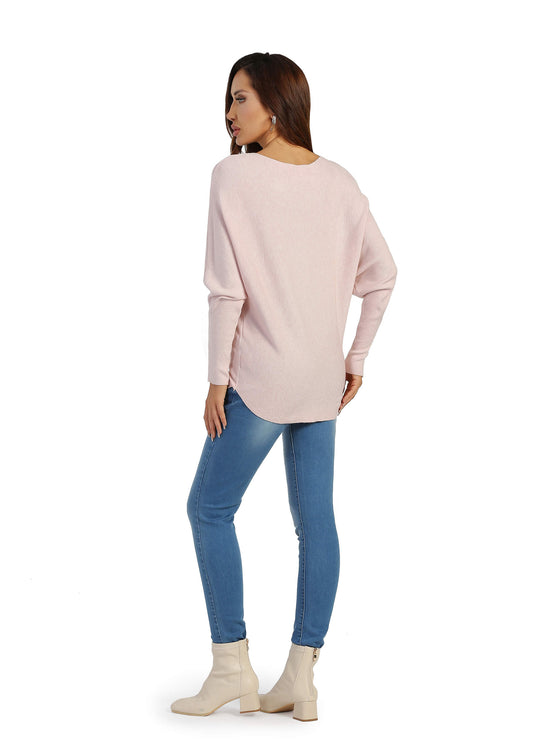 FINEPEEK Women's Fall Round Neck Drop Shoulder Long Sleeve Pullover Sweater-Pink