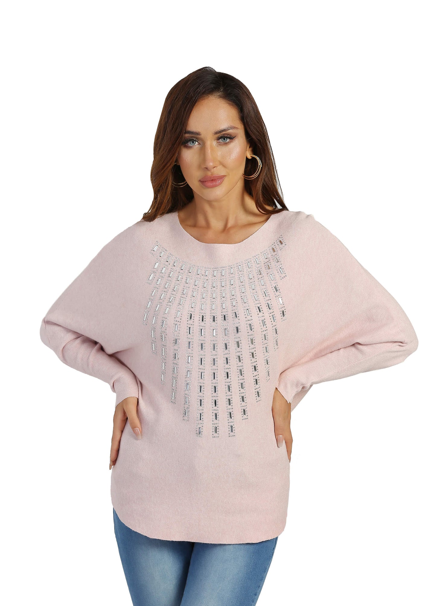FINEPEEK Women's Fall Round Neck Drop Shoulder Long Sleeve Pullover Sweater-Pink