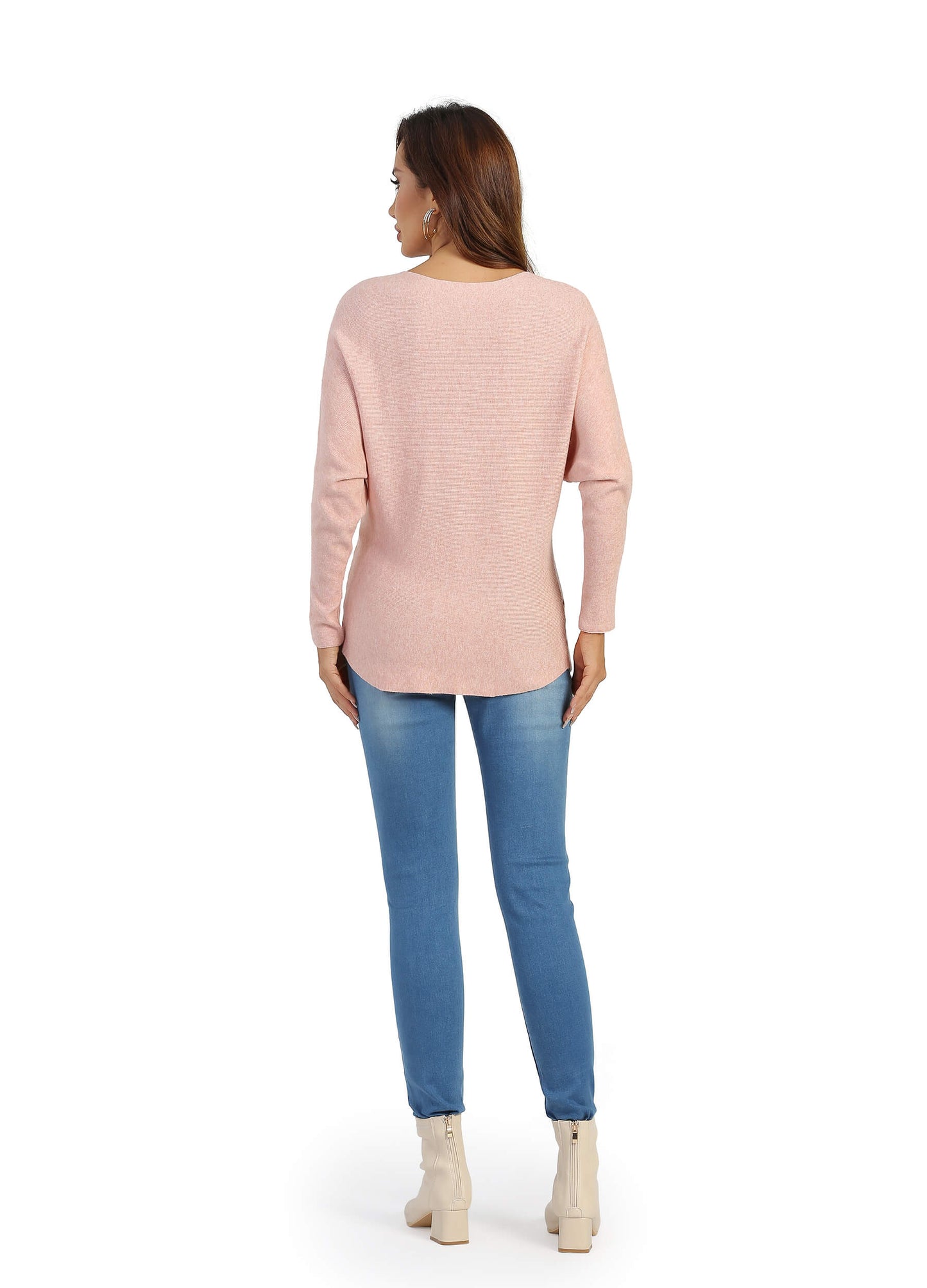 FINEPEEK Women's Spring Round Neck Long Sleeve Applique Drop Shoulder Sweater-Pink