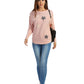 FINEPEEK Women's Spring Round Neck Long Sleeve Applique Drop Shoulder Sweater-Pink