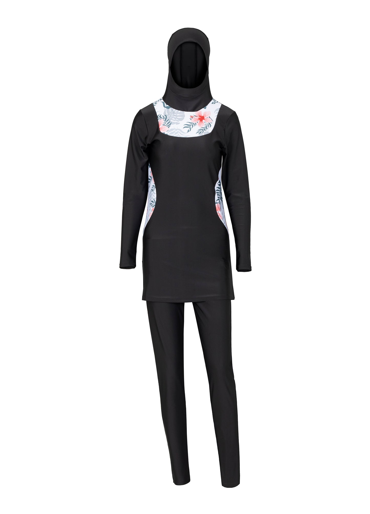 muslim swimming suits/islamic swimming suits/4POSE Women's Floral Print Modest Full Coverage Hijab Swimsuit-Black base match print pattern main view