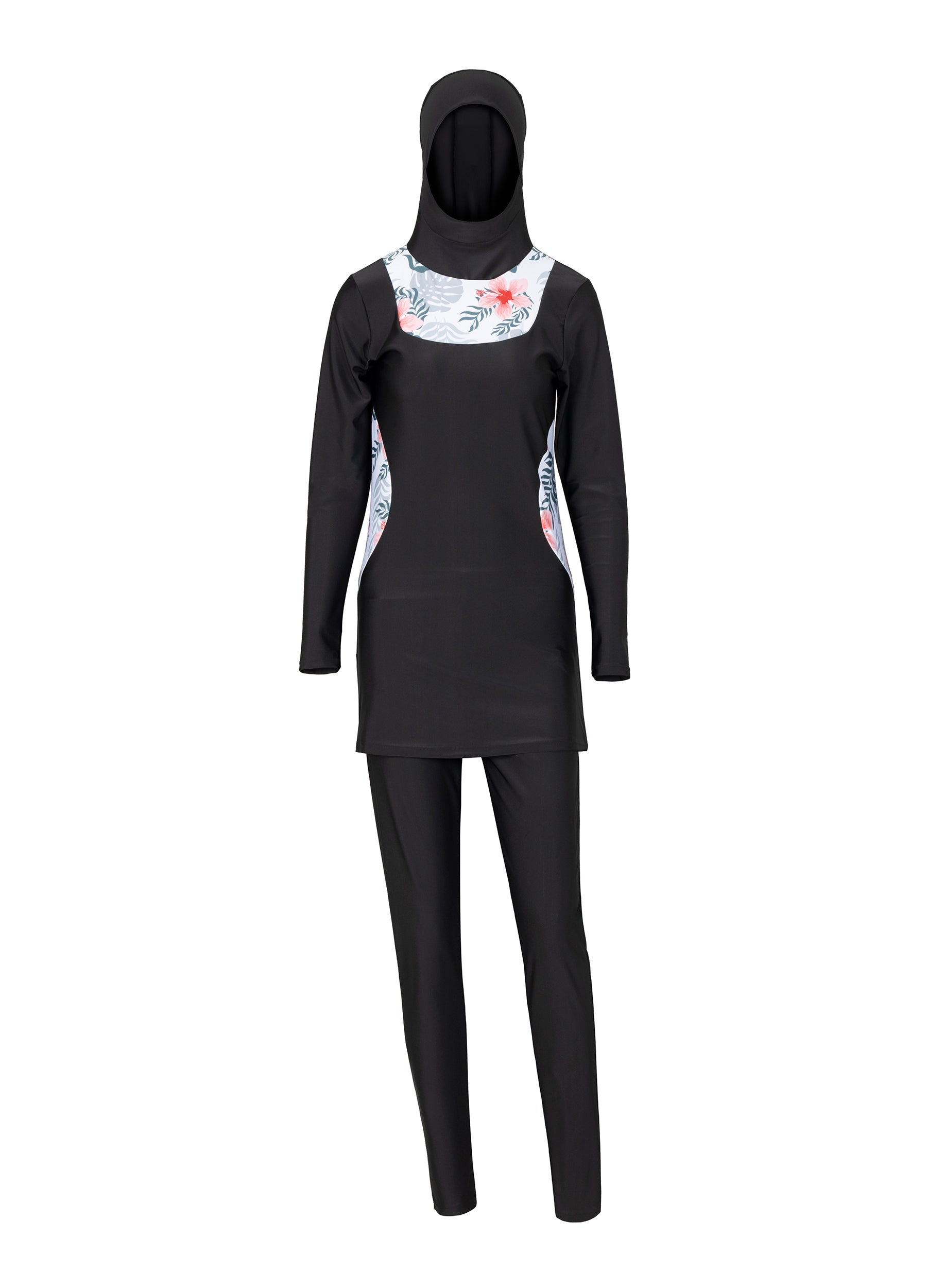 muslim swimming suits/islamic swimming suits/4POSE Women's Floral Print Modest Full Coverage Hijab Swimsuit-Black base match print pattern main view