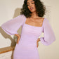 Square Neck Solid Ruched Lilac Bodycon Mini Dress