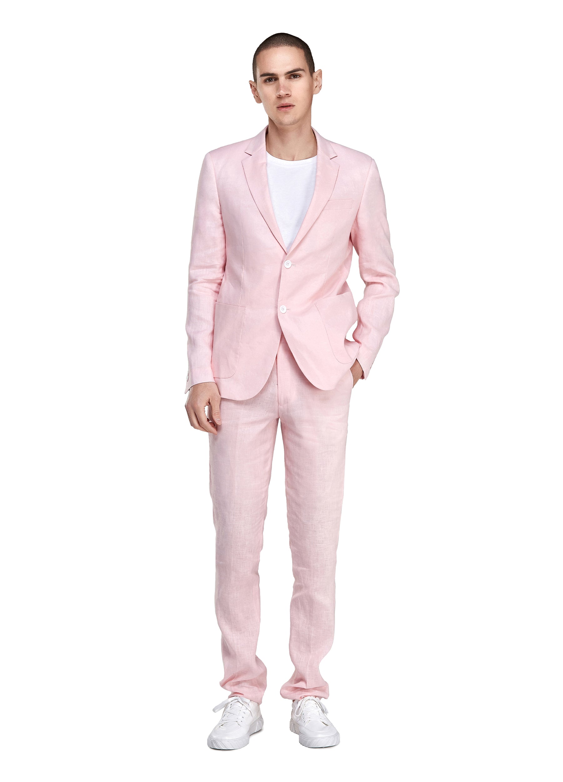 1PA1 Men's 100% Linen Pink Jacket Trousers 2-Pieces Suit Set