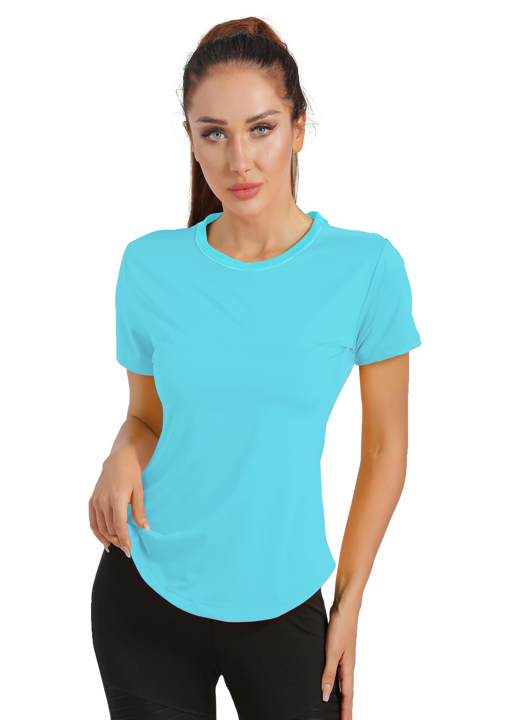 4POSE Women's Summer Round Neck Quick Dry Stretch Sport Light Blue T-Shirts