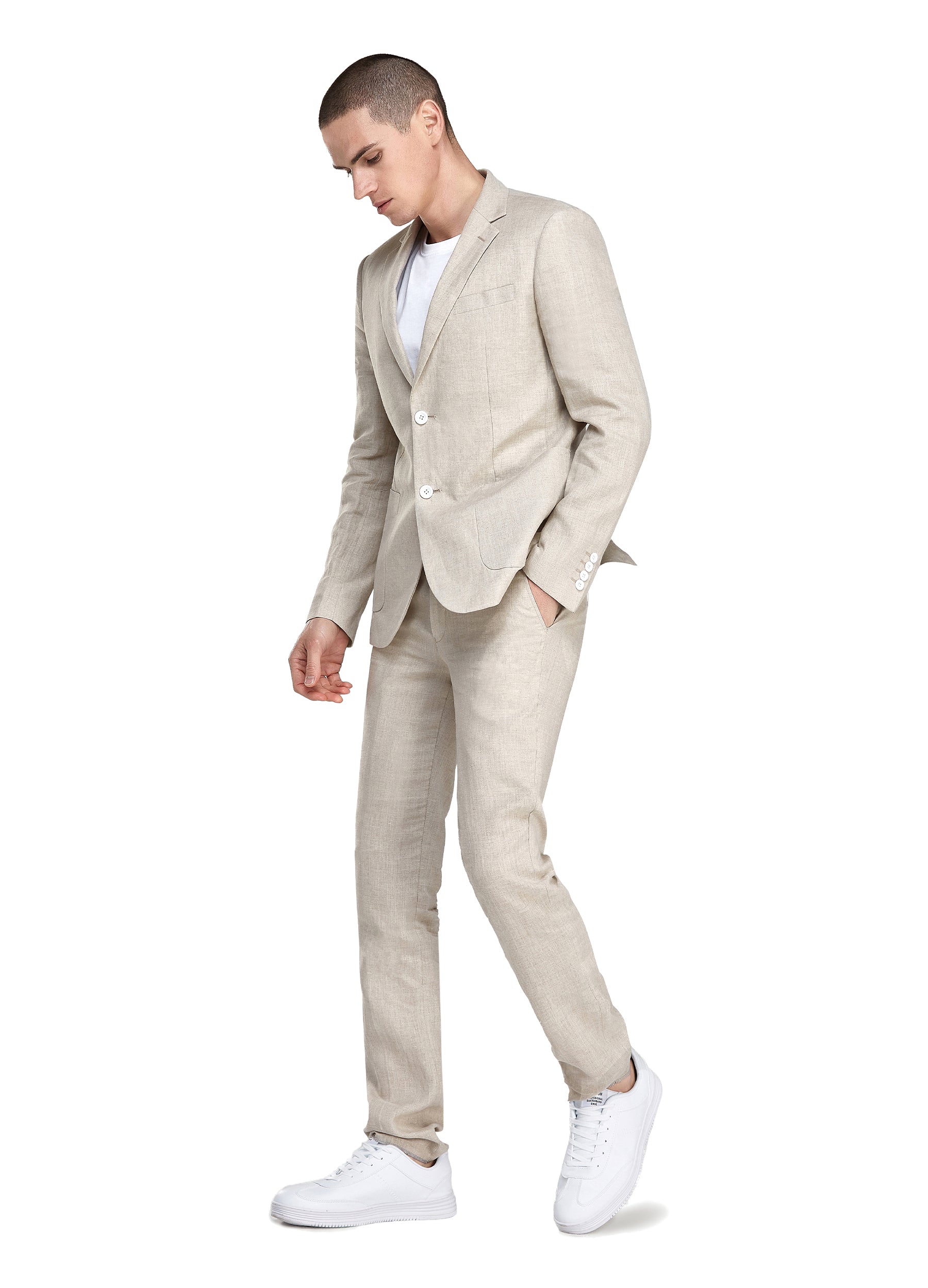 1PA1 Men's 100% Linen Khaki Jacket Trousers 2-Pieces Suit Set