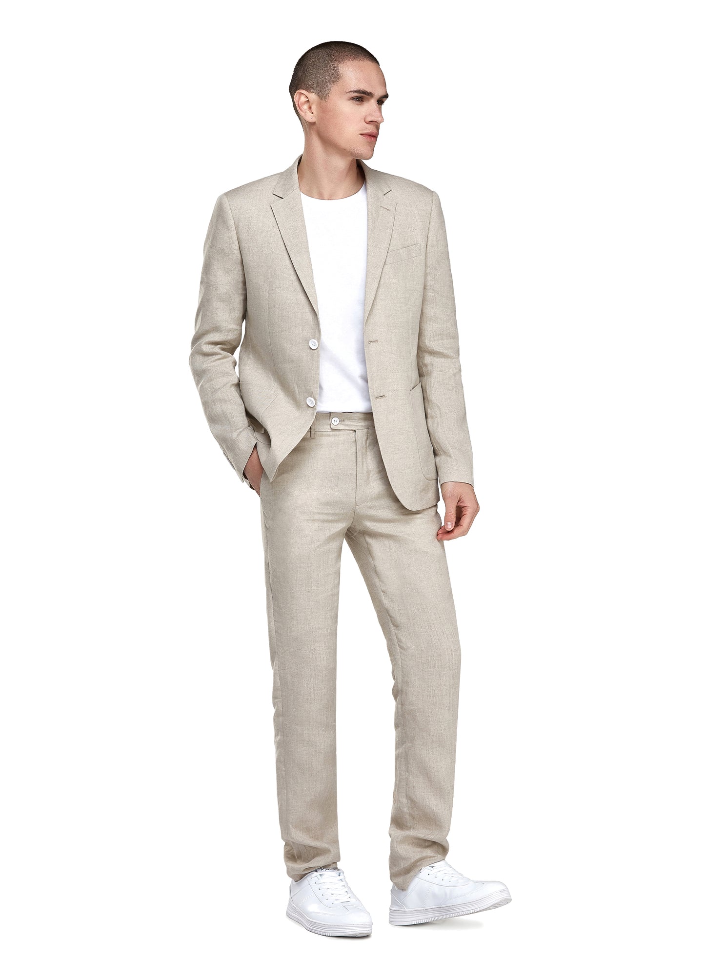 1PA1 Men's Linen Khaki Jacket Trousers 2-Pieces Suit Set