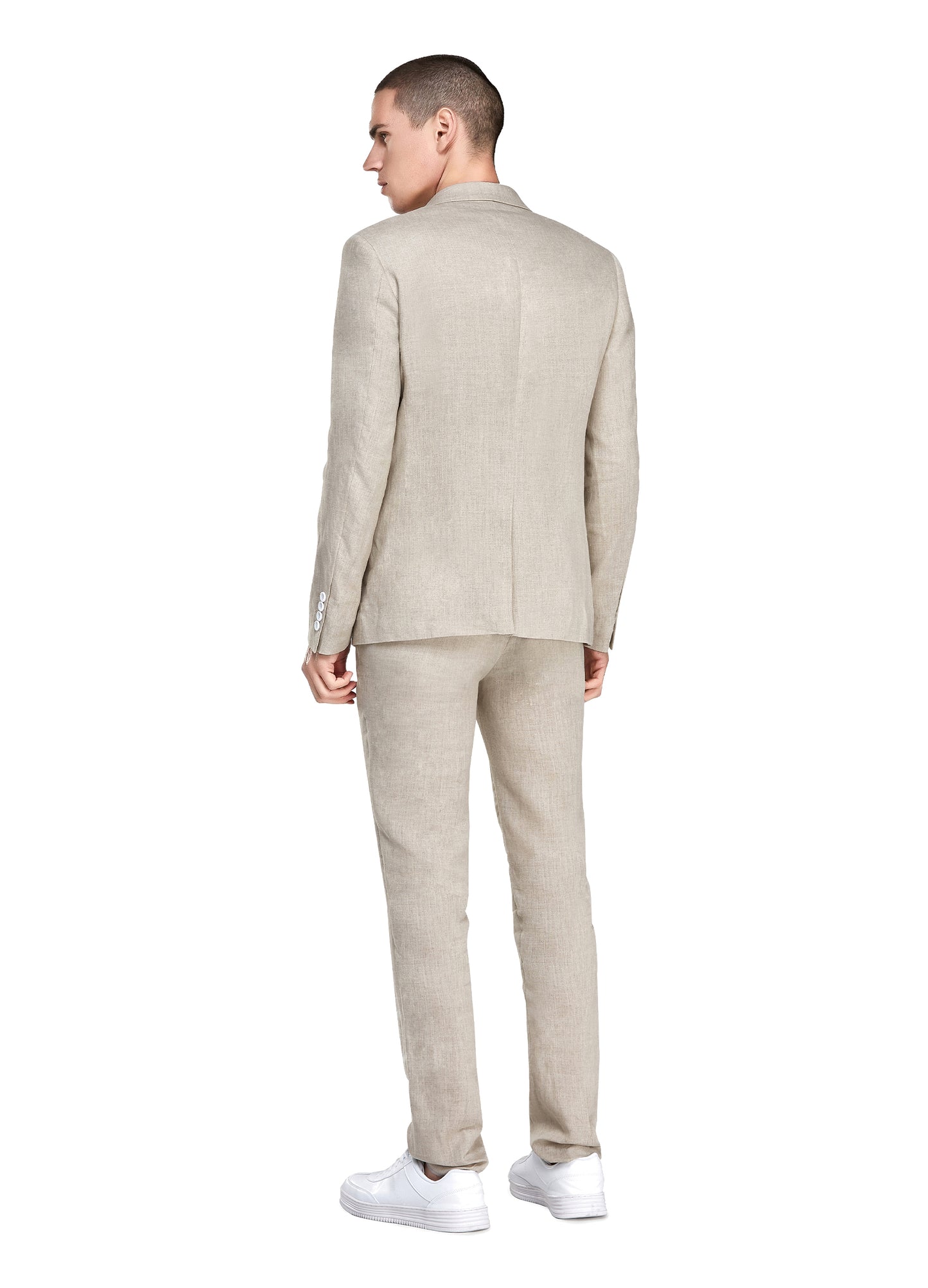 1PA1 Men's Linen Khaki Jacket Trousers 2-Pieces Suit Set