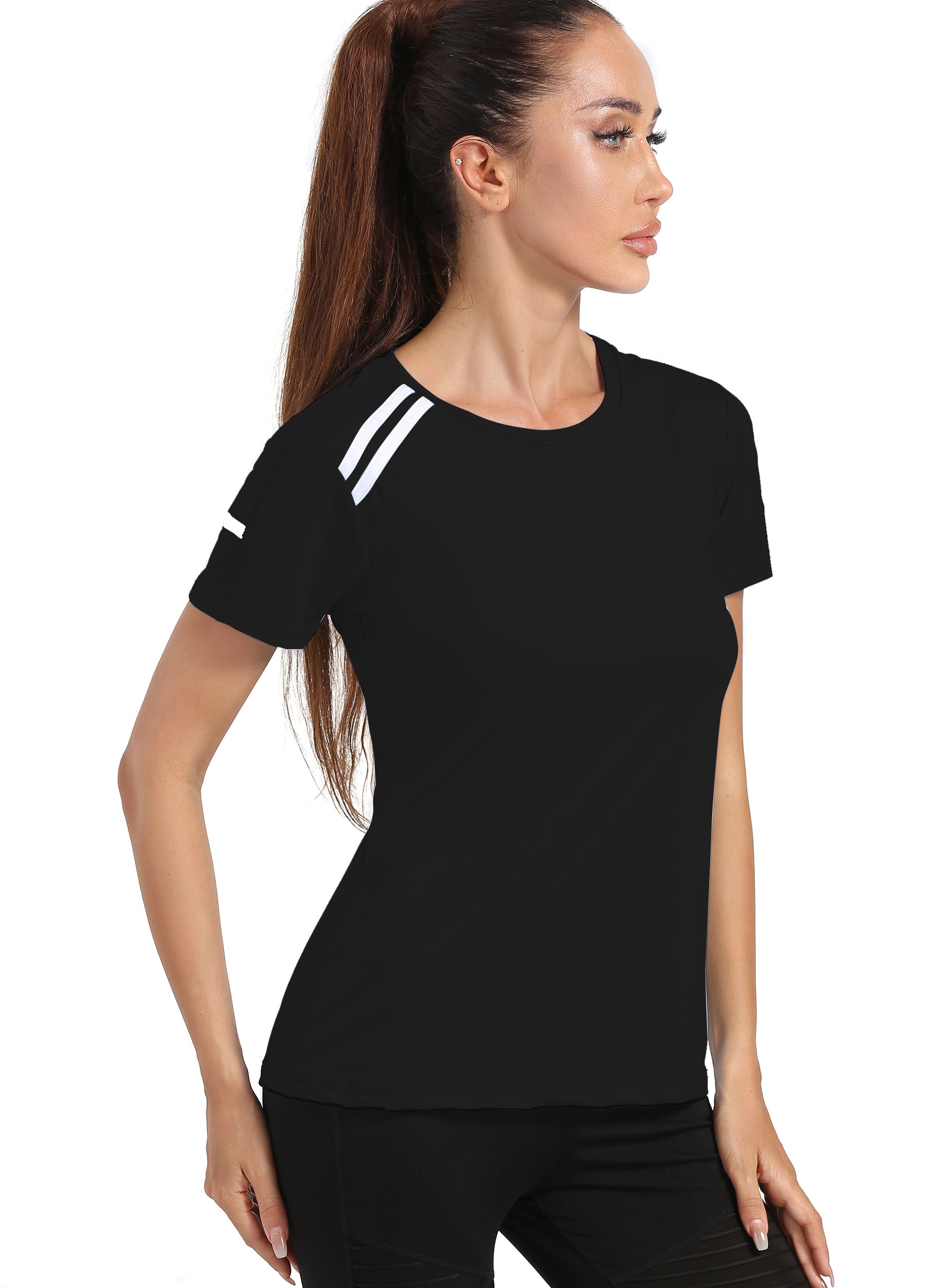 4POSE Women's Latest Summer QUICK Dry Tound Neck Stretch Black Training Tee
