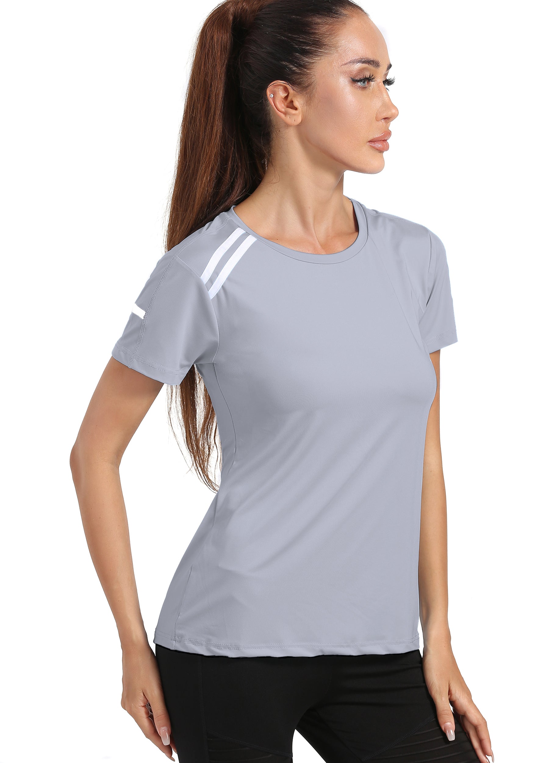 4POSE Women's Latest Summer QUICK Dry Tound Neck Stretch Light Grey Training Tee