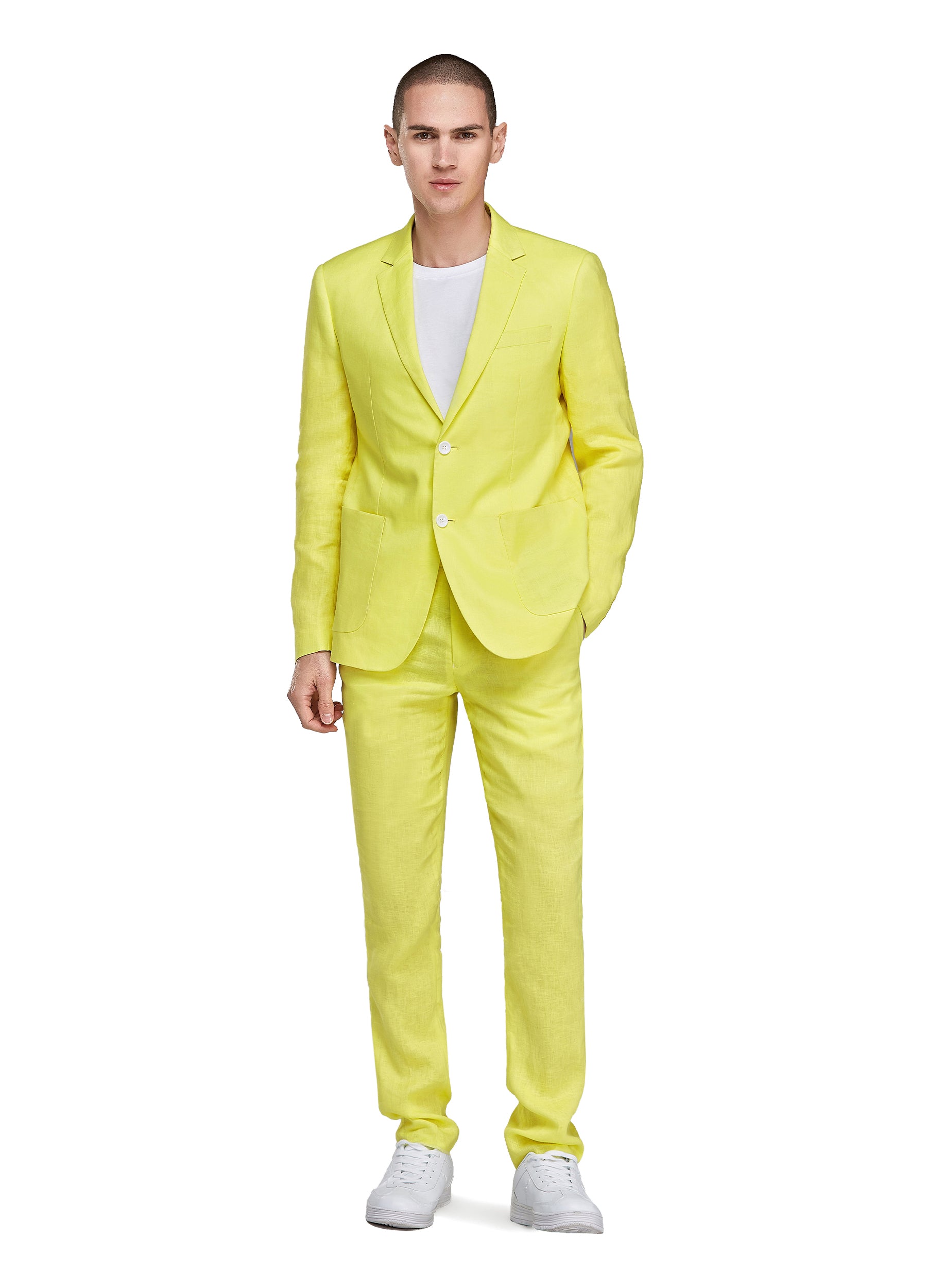 1PA1 Men's 100% Linen Yellow Jacket Trousers 2-Pieces Suit Set