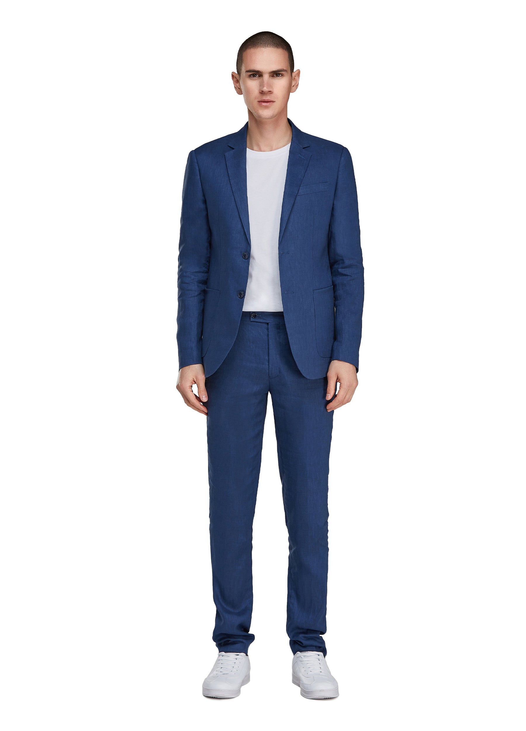1PA1 Men's 100% Linen Dark Blue Jacket Trousers 2-Pieces Suit Set
