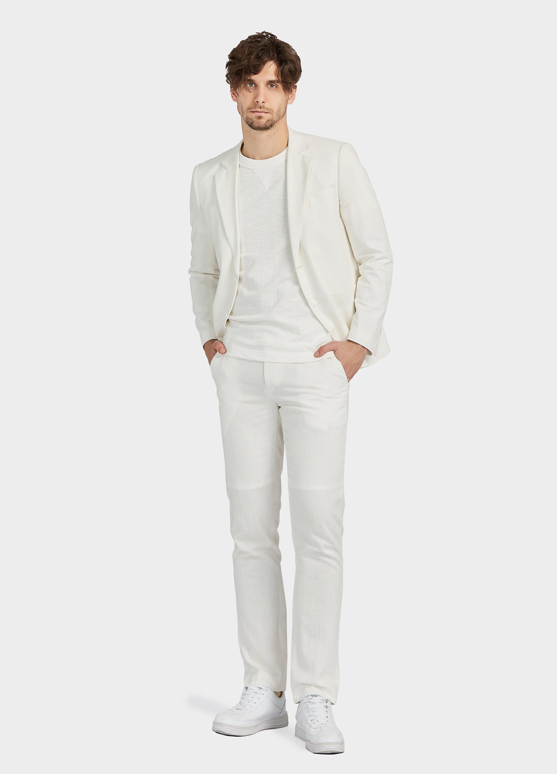 1PA1 Men's 100% Linen Lapel Two-Button Plain Blazer Suits