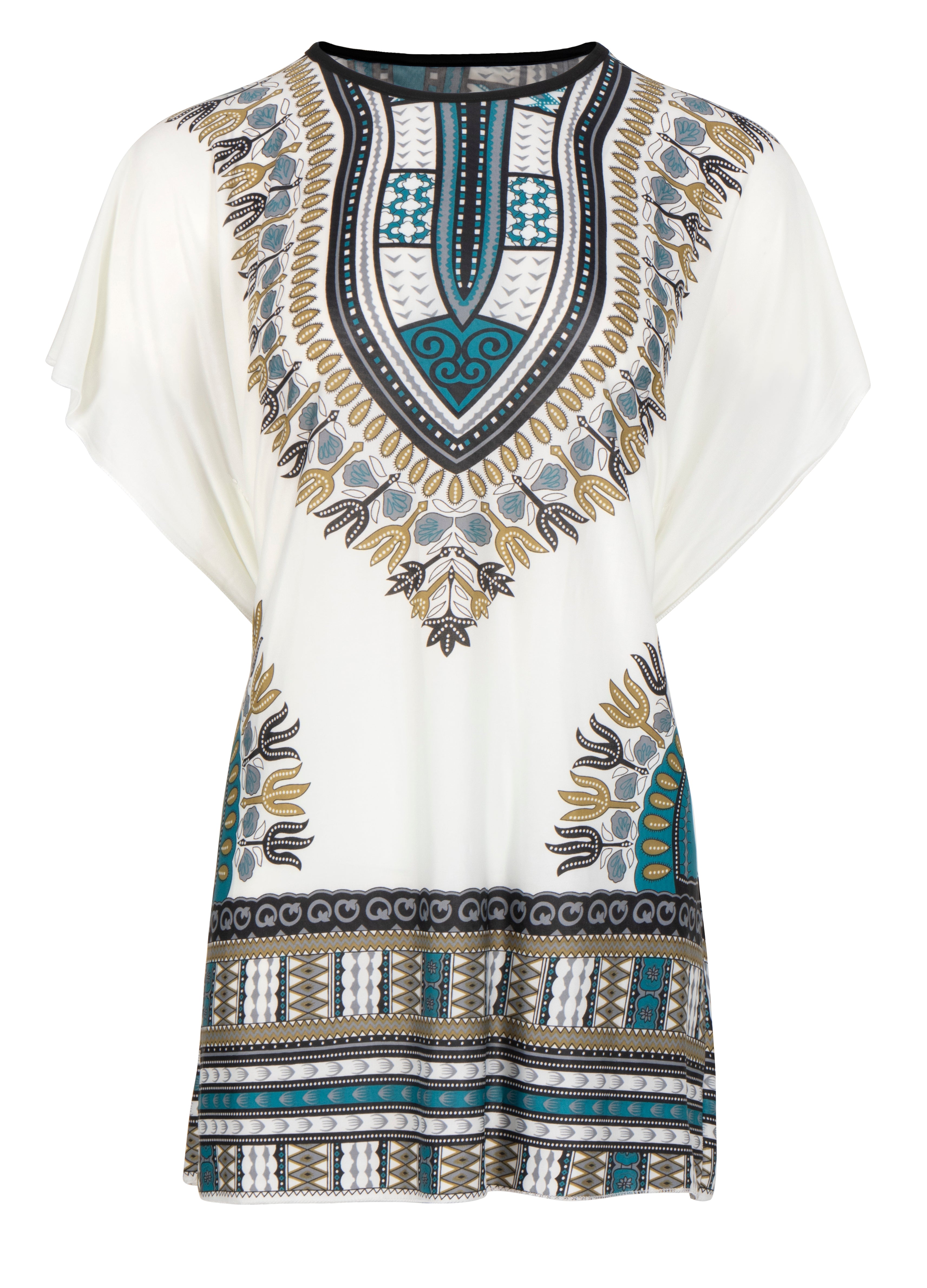 Women Round Neck Batwing Sleeve Tribal Print Belted Blouse-Blue