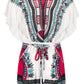 Women Round Neck Batwing Sleeve Tribal Print Belted Blouse-Red