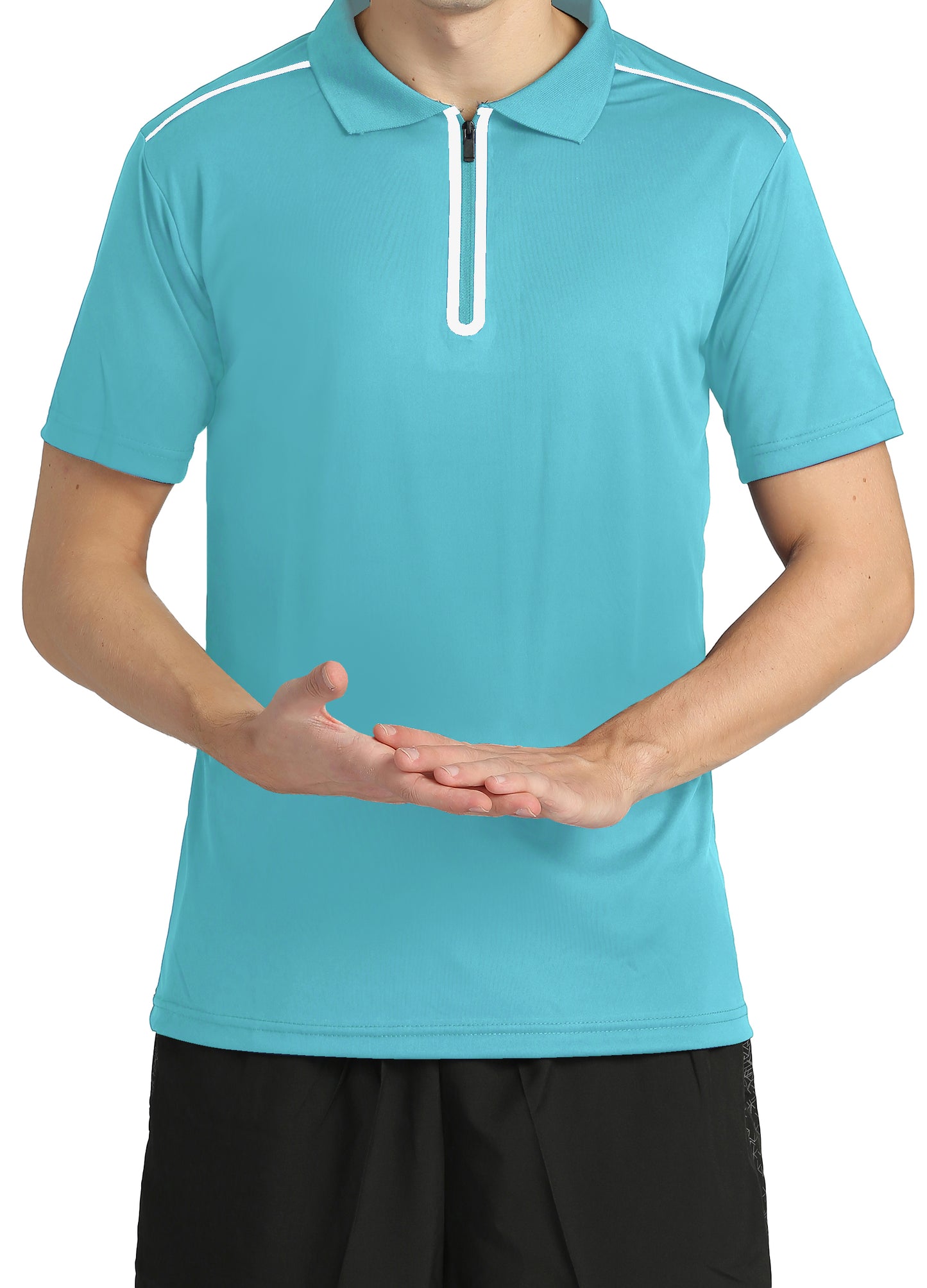 4POSE Men's Summer Zip Half Stretch Training Polo Shirt-Light blue